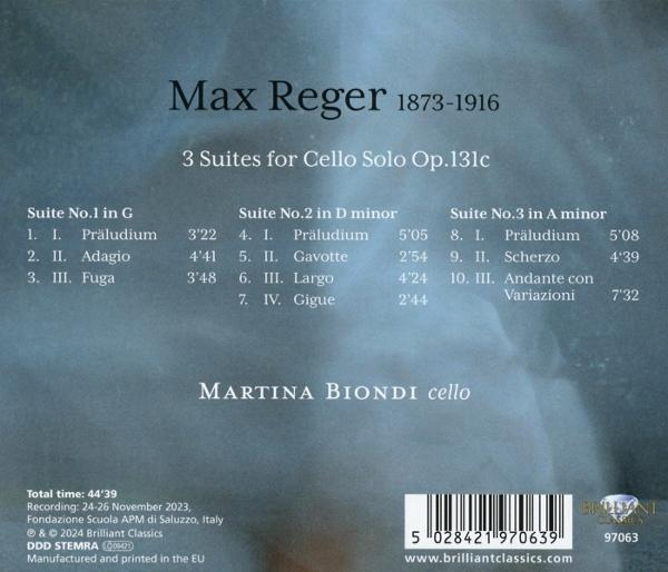 Rückseite einer CD-Hülle mit Text von Max Regers Musik und einer Liste von Suiten für Cello.