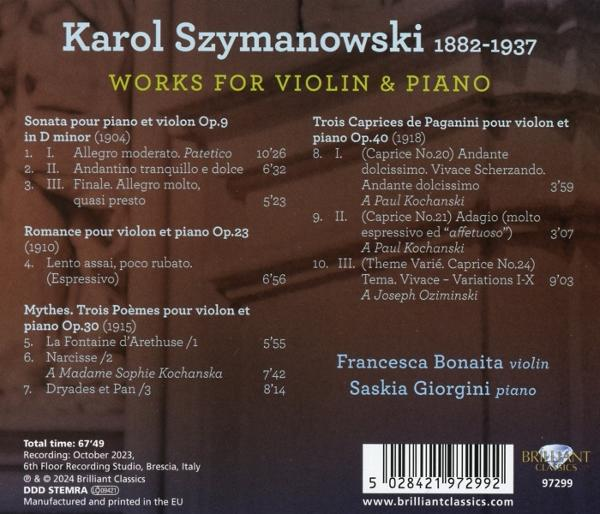 Buchcover mit Text über Musik von Karol Szymanowski. Enthält eine Liste von Werken für Violine und Klavier.