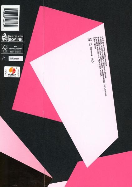Abstraktes Design mit schwarzen und rosa geometrischen Formen. Weißer Textkasten und Barcode in der oberen linken Ecke.