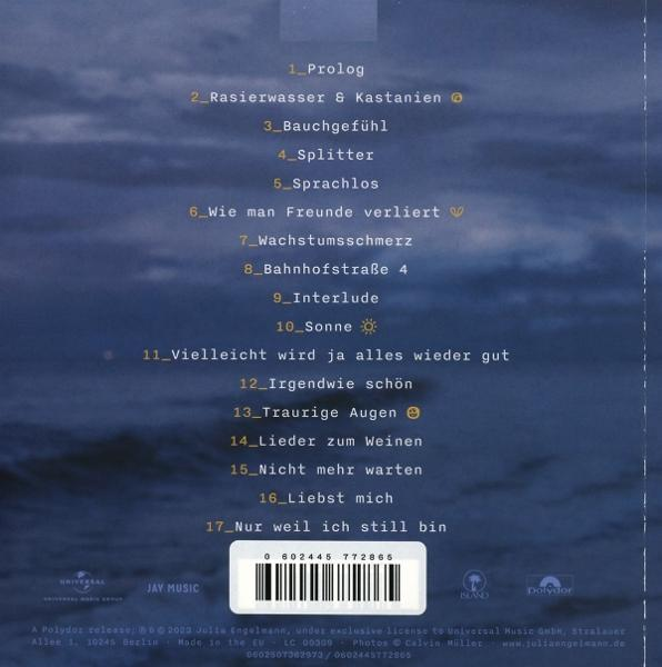 Albumcover mit Titelliste. Weißer Text auf dunklem Hintergrund. Verschiedene Songtitel gelistet.