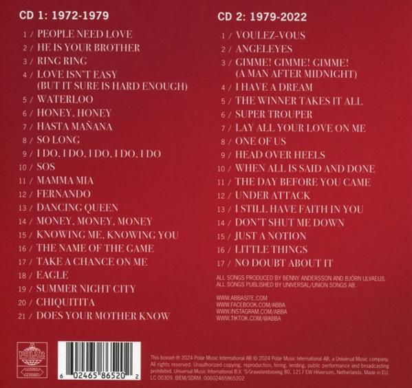 Ein CD-Albumcover mit Songlisten von 1972-1979 und 1979-2022, mit Text und dem ABBA-Logo.