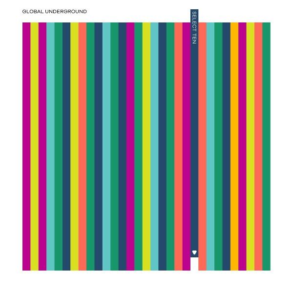 Image abstraite avec des rayures verticales colorées. Les mots 'GLOBAL UNDERGROUND' et 'SELECT TEN'.
