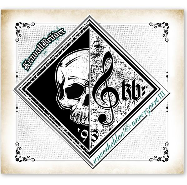Schwarz-weißes Totenkopf-Logo mit Noten und Text in Diamantenform.