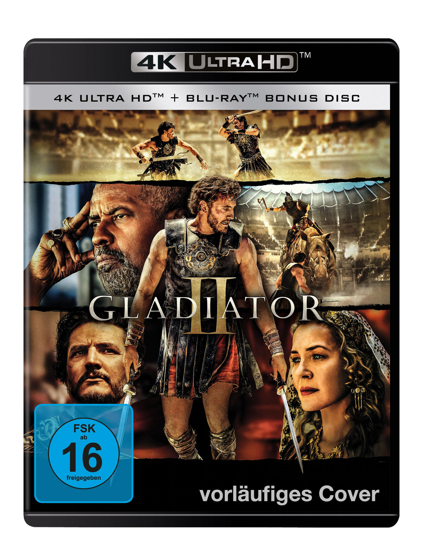 Gladiator II Filmcover mit Schauspielern, Text und 4K Ultra HD Logo.