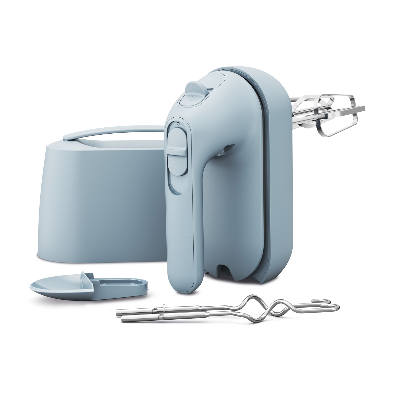 Un frullatore a mano azzurro con accessori staccati e una base di stoccaggio separata.