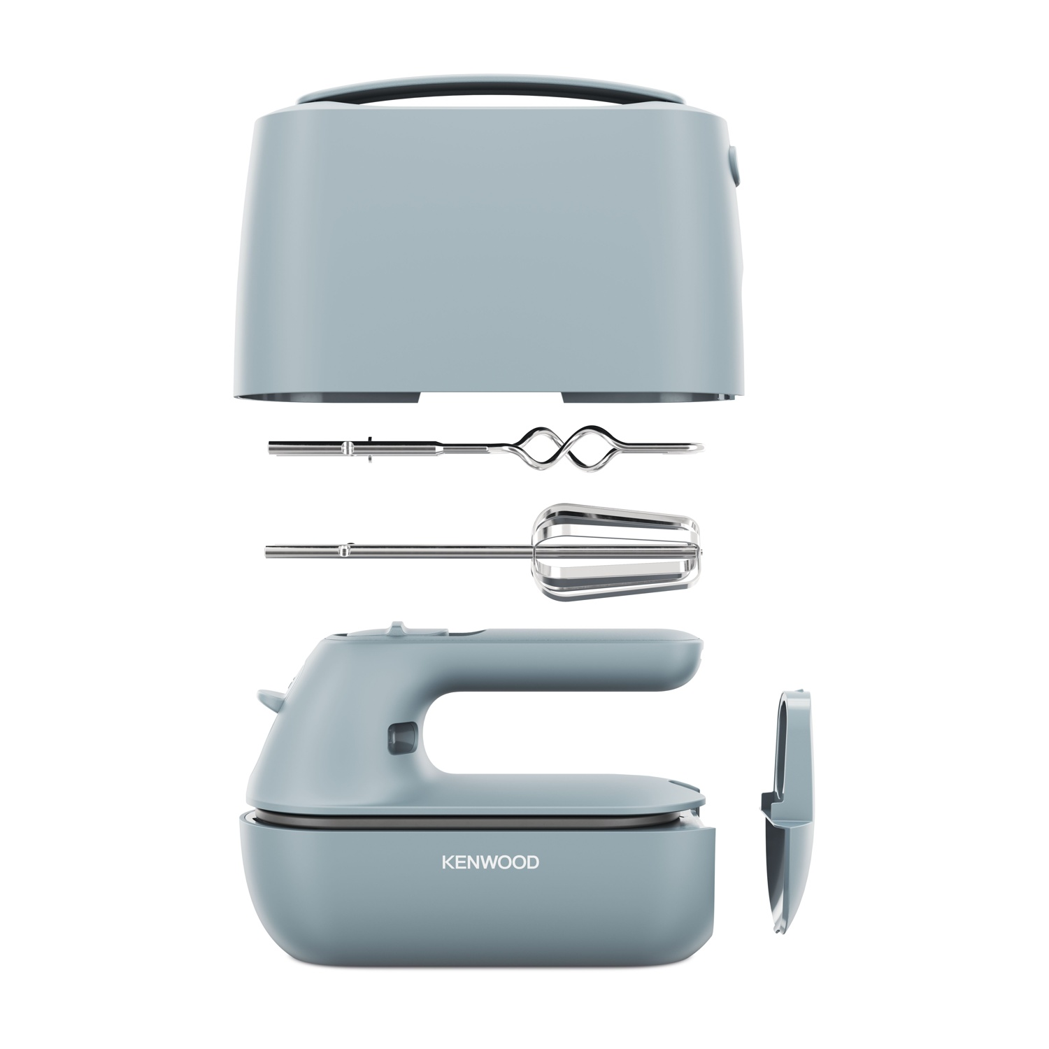 Un frullatore a mano Kenwood azzurro smontato con i suoi componenti sparsi.