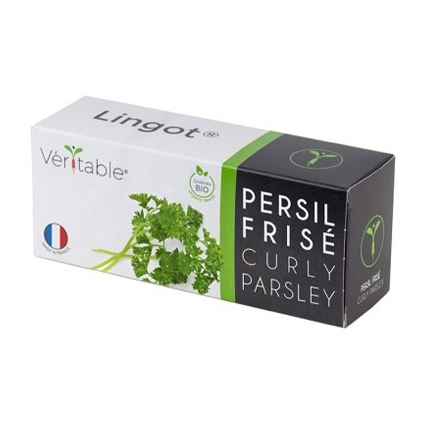 Scatola di prezzemolo, erbe verdi, confezione bianca e verde, con bandiera francese.