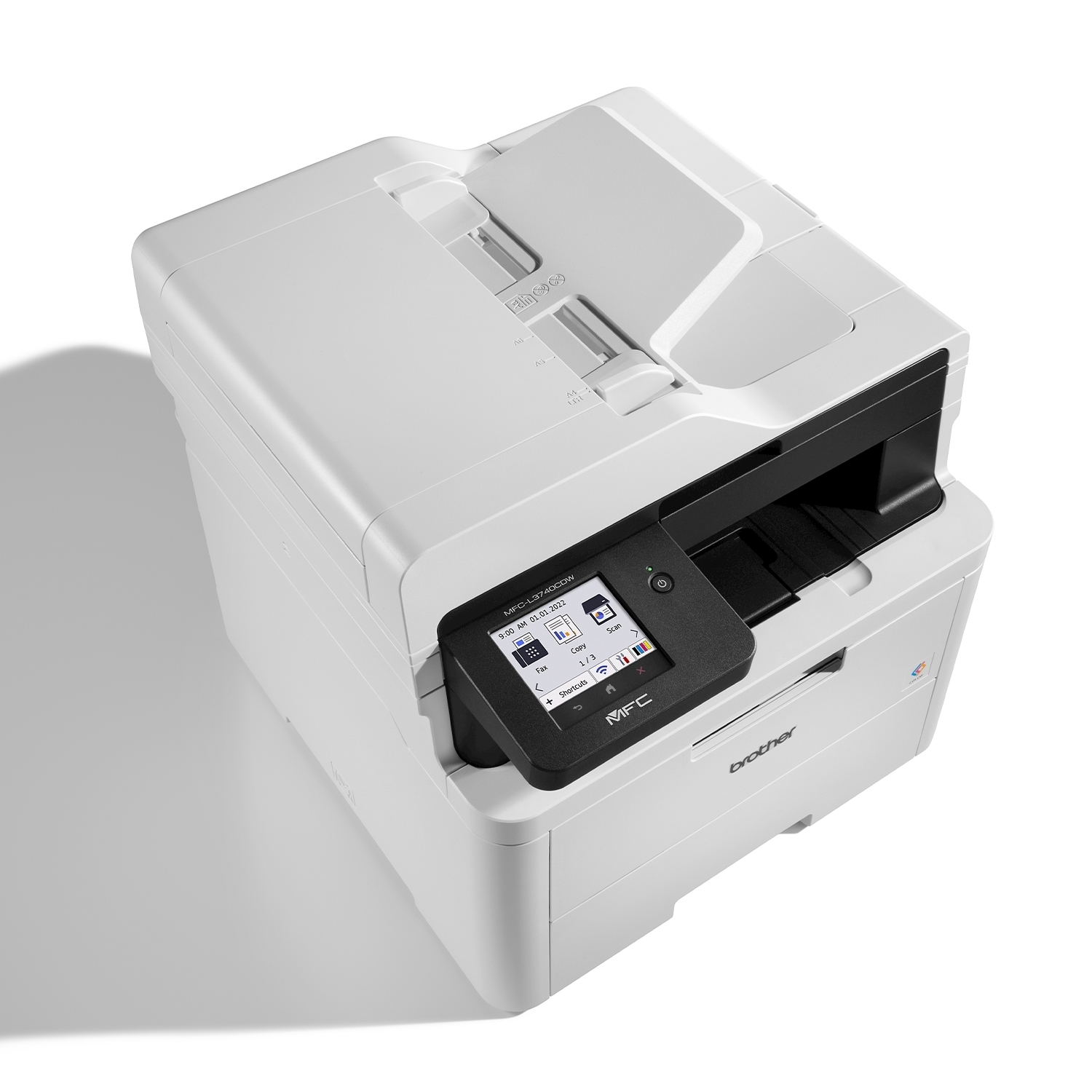 Stampante bianca su sfondo bianco. La stampante è un dispositivo multifunzione con schermo digitale.