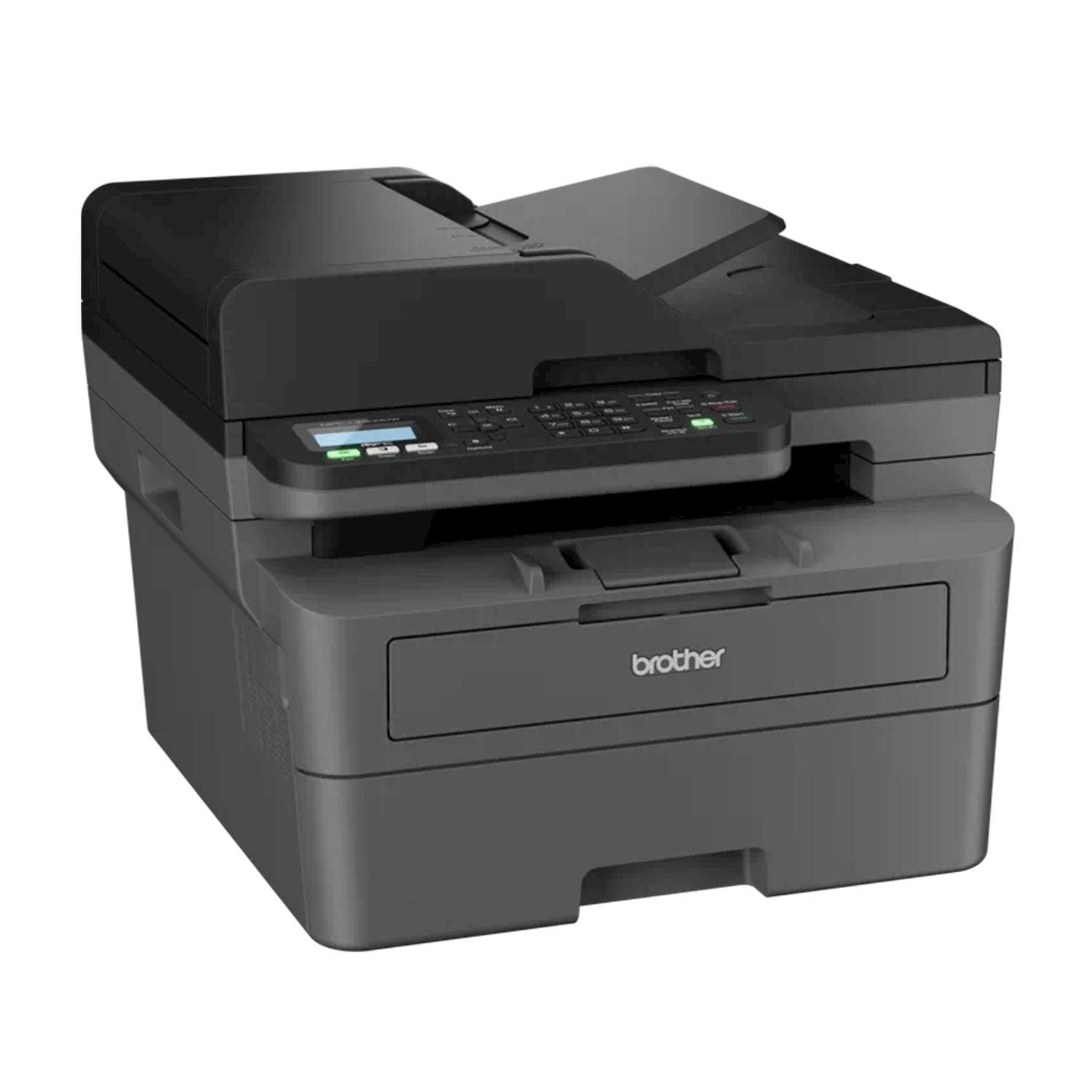 Una stampante Brother, di colore nero e grigio. La stampante ha uno scanner piano e un vassoio di uscita.