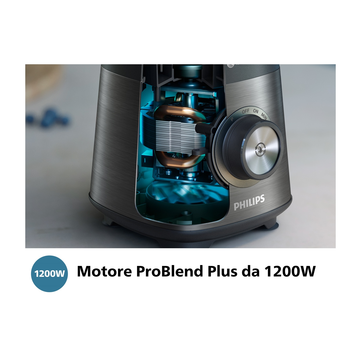Vista sezionale di un frullatore, che mostra il motore e i componenti interni.