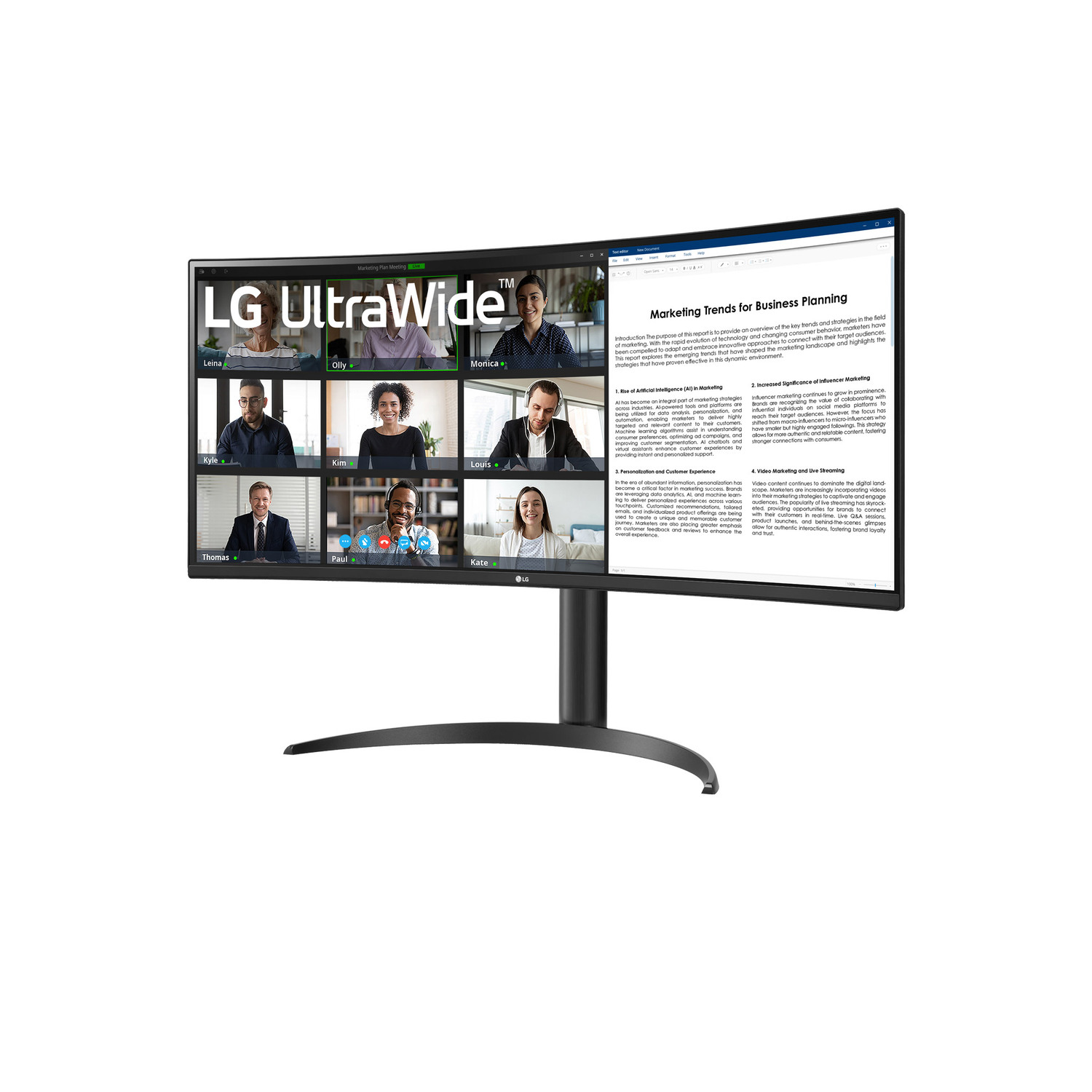 A curved widescreen monitor displaying a video conference and a business report.