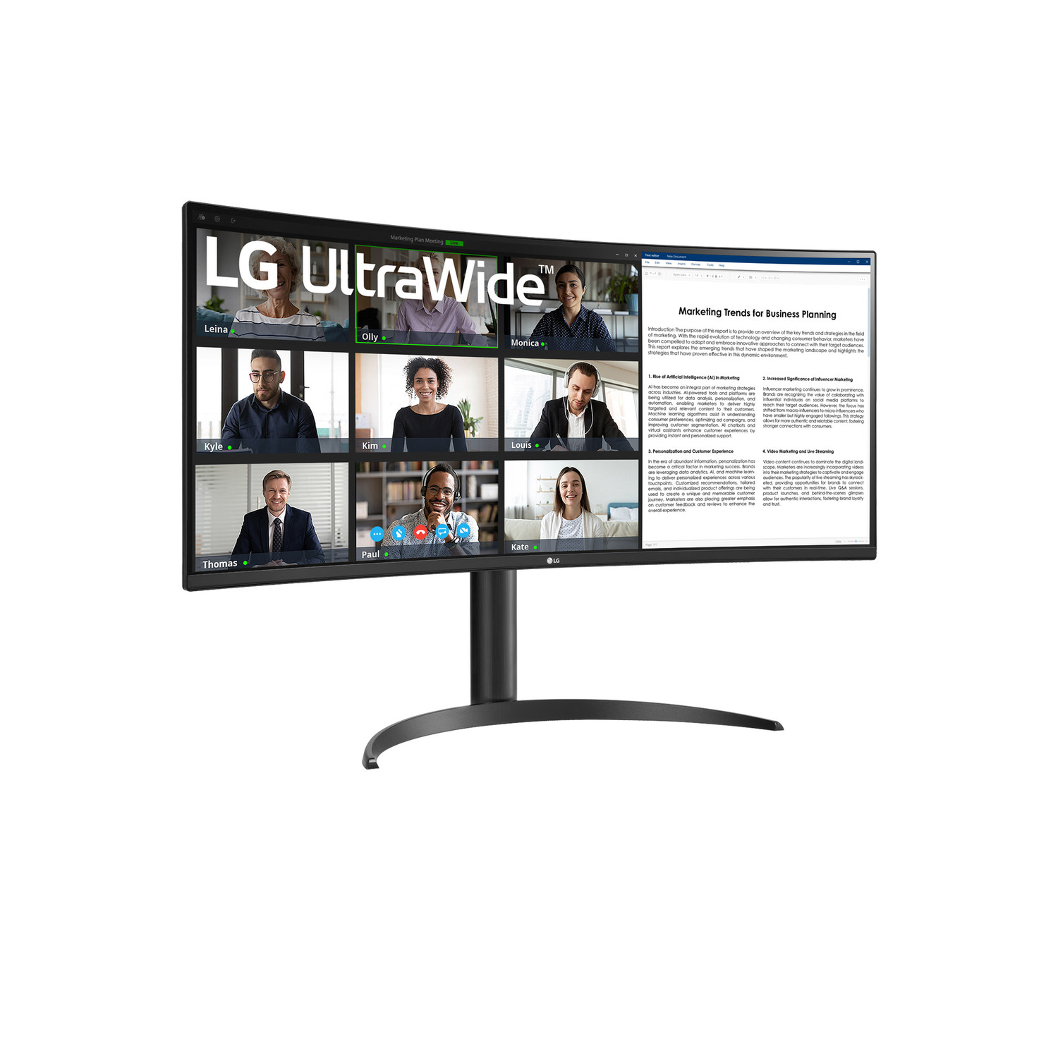 An ultrawide monitor displays a video conference and a document.