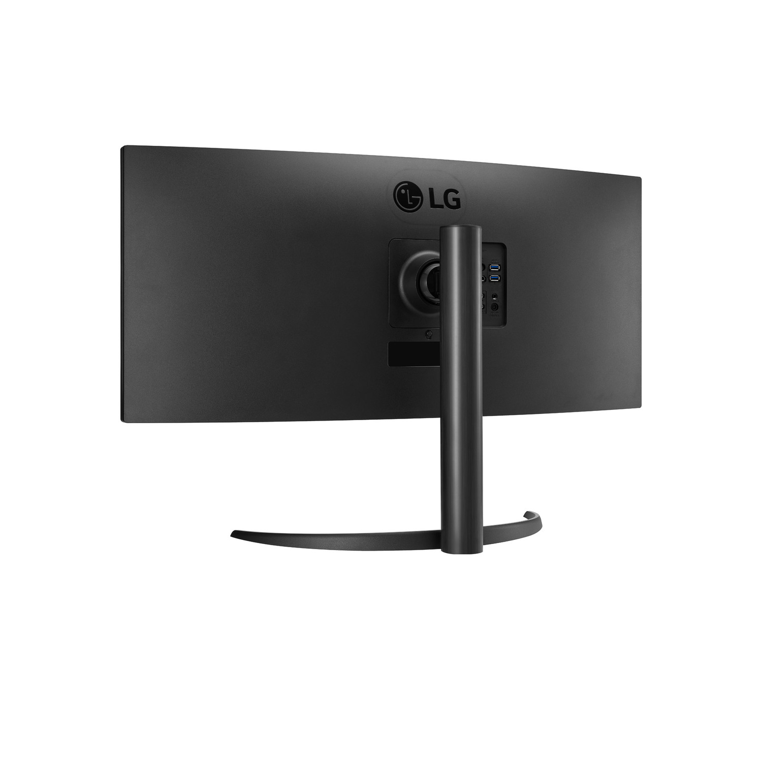 Black curved monitor back view, with the LG logo and a stand.