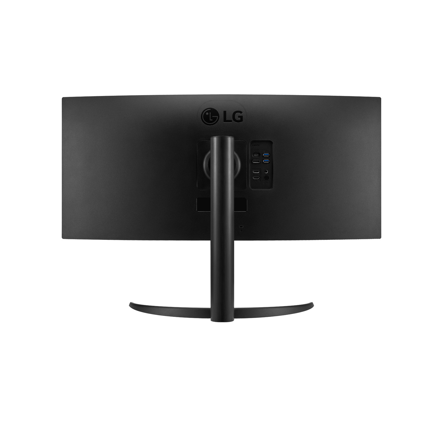The back of a black curved monitor. It has the LG logo and connection ports.