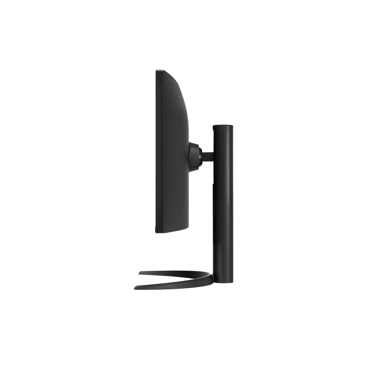 Side view of a black computer monitor, mounted on a black stand.