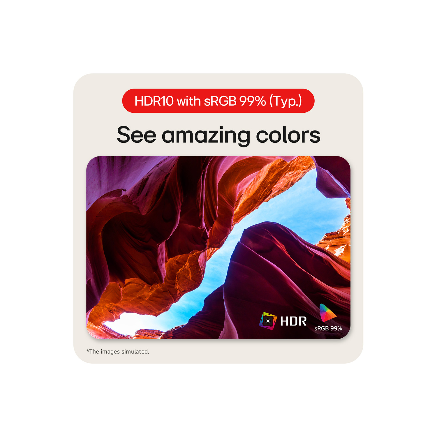 A monitor displays a vivid red, orange, and blue scene. Text highlights HDR10 and sRGB 99%.