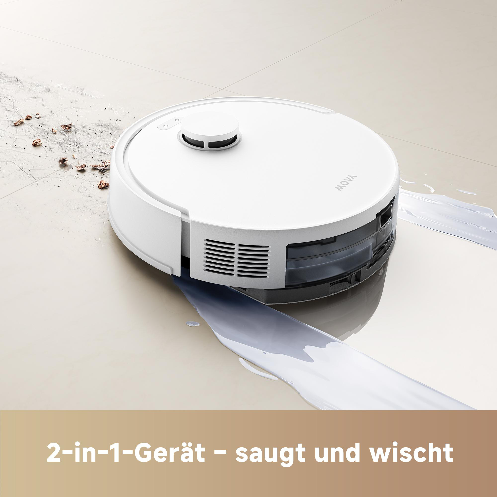 Weißer Roboter-Staubsauger auf Fliesenboden. Wasser wird gereinigt, mit Text unten.