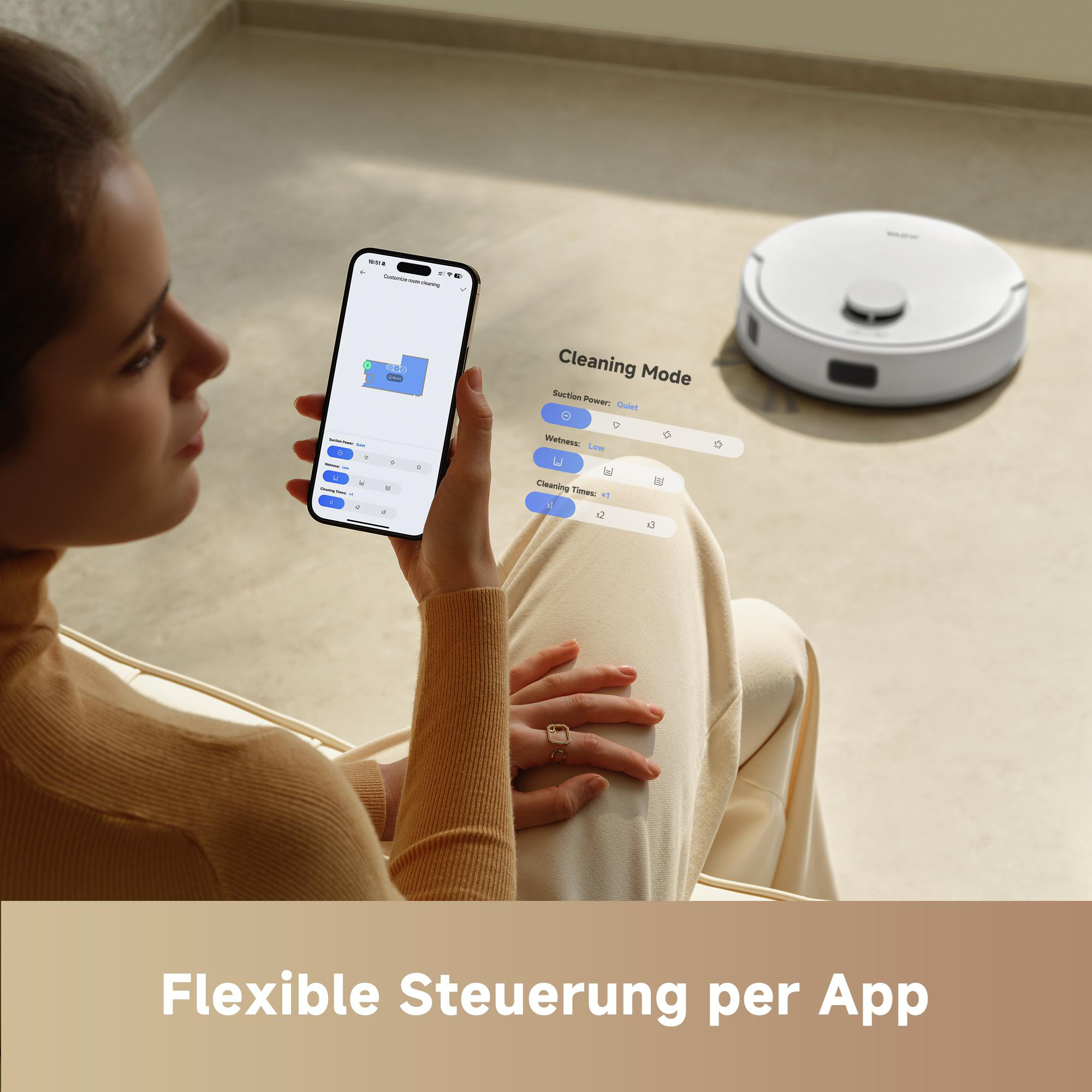 Frau, die ein Telefon benutzt, um einen Roboter-Staubsauger zu steuern, mit einem Diagramm auf dem Bildschirm.
