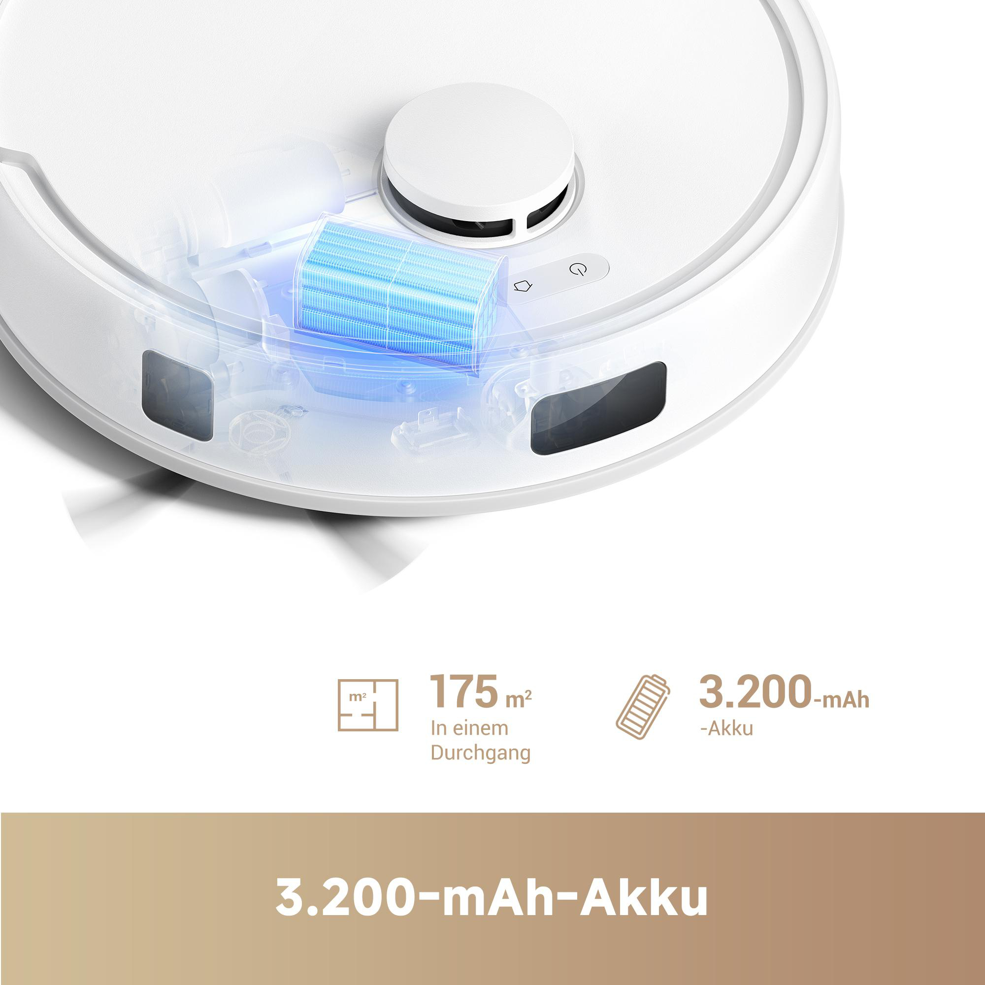 Roboter-Staubsauger, Draufsicht. Weiß, mit blauem Licht und Text über Akkulaufzeit und Fläche.