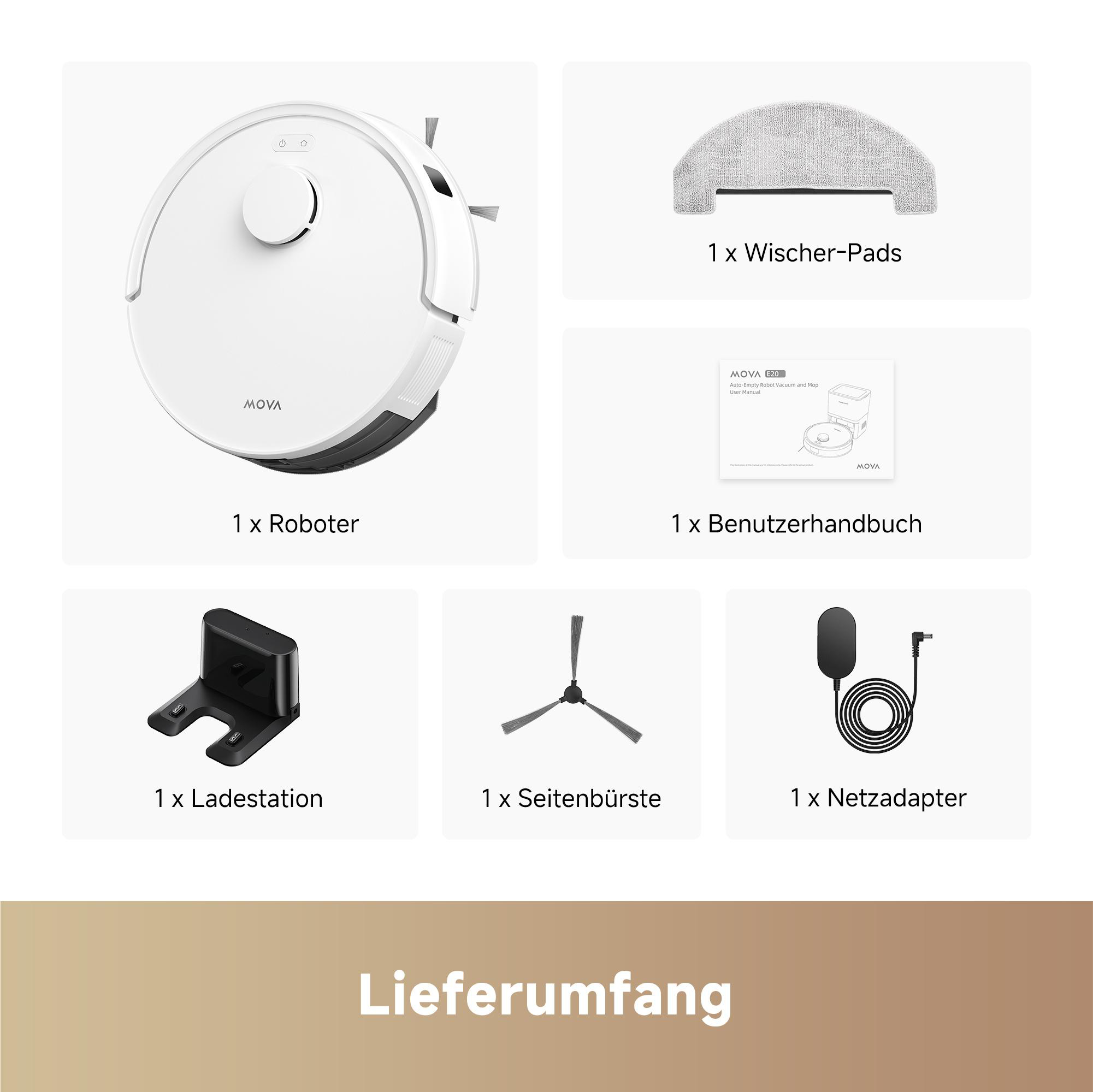Ein weißer Roboter-Staubsauger mit Zubehör auf weißem Hintergrund. Pads und Bürsten enthalten.
