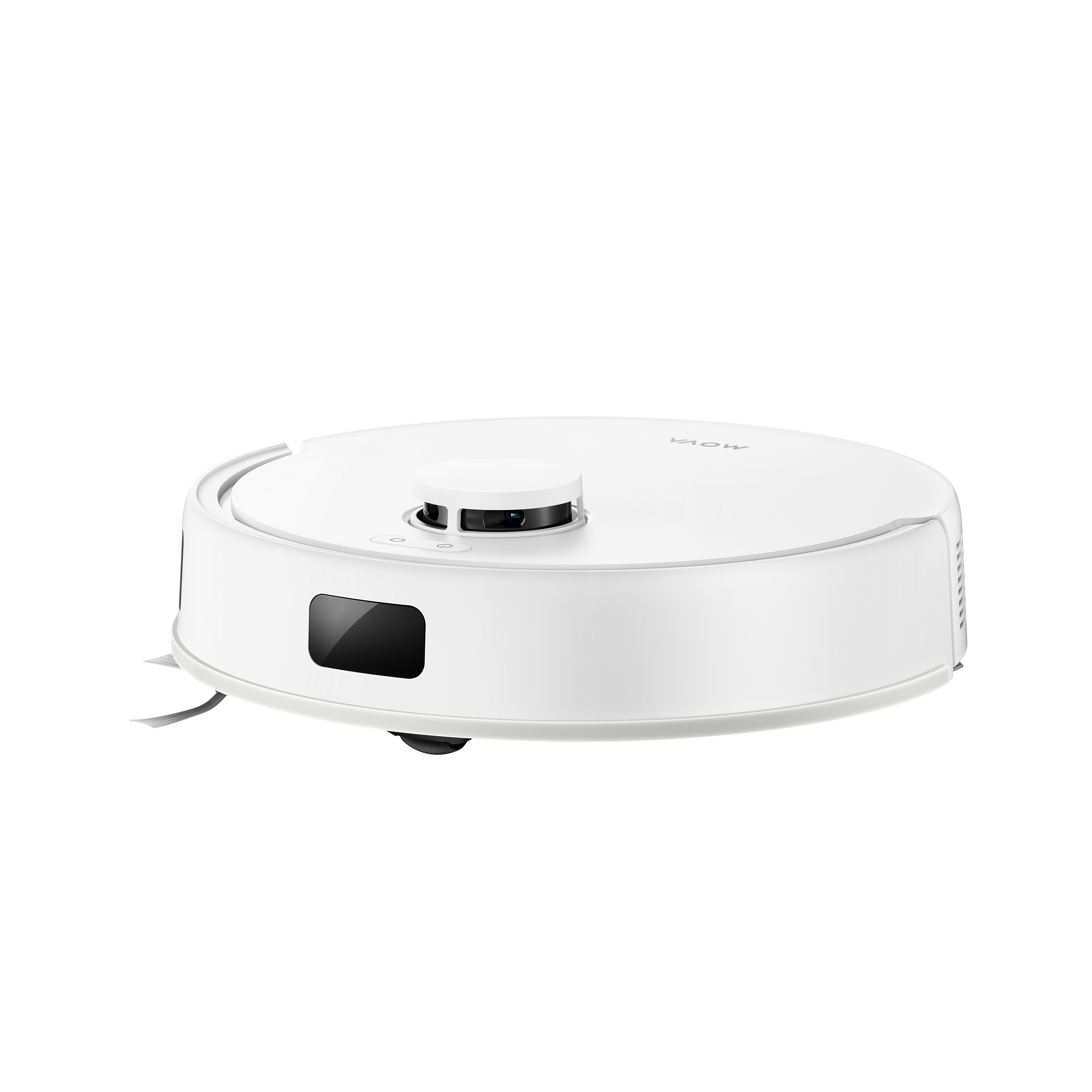 Weißer Roboter-Staubsauger mit schwarzem Sensor und kreisförmigem Design, auf weißer Oberfläche.