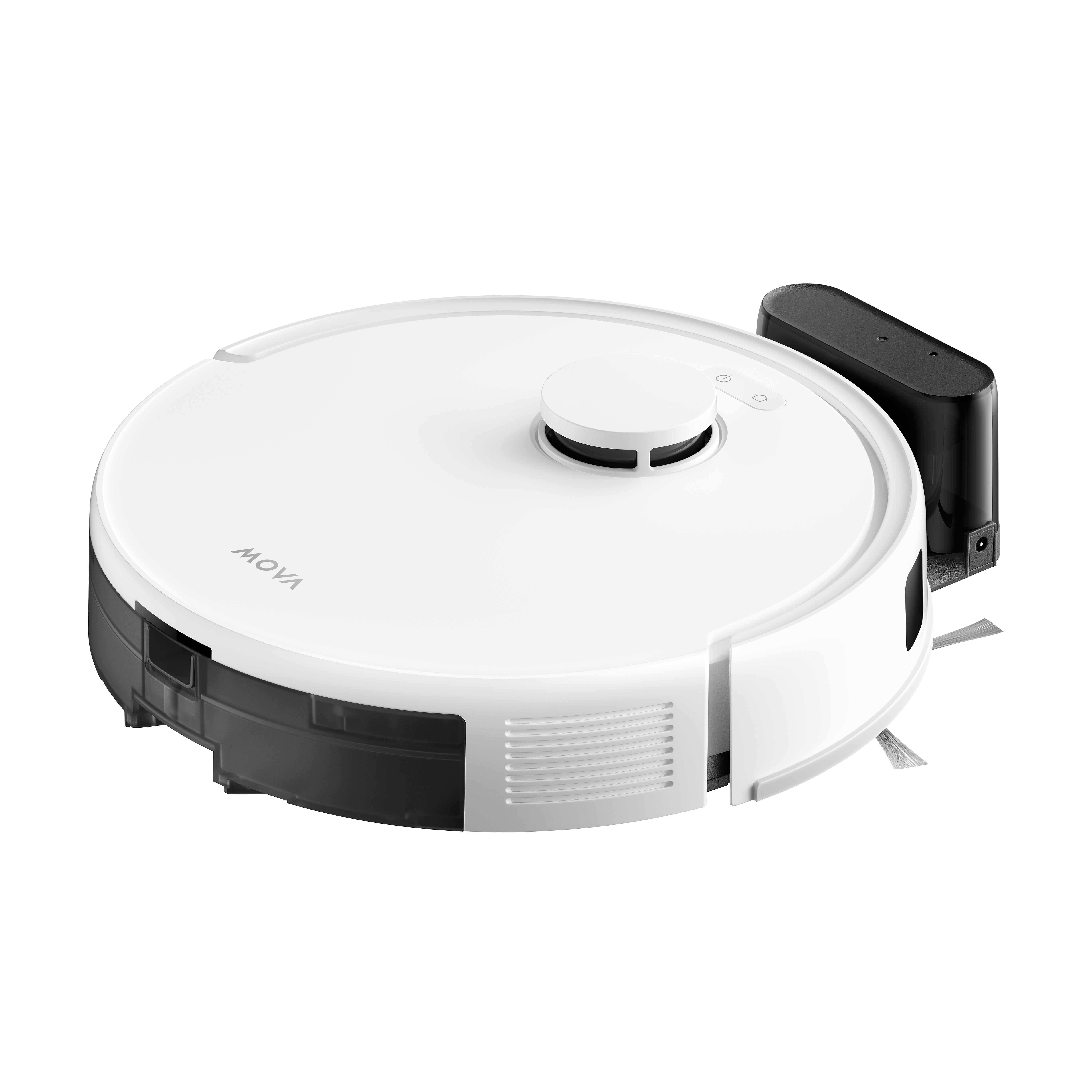 Weißer MOVA-Roboter-Staubsauger mit schwarzer Ladestation. Auf weißem Hintergrund.