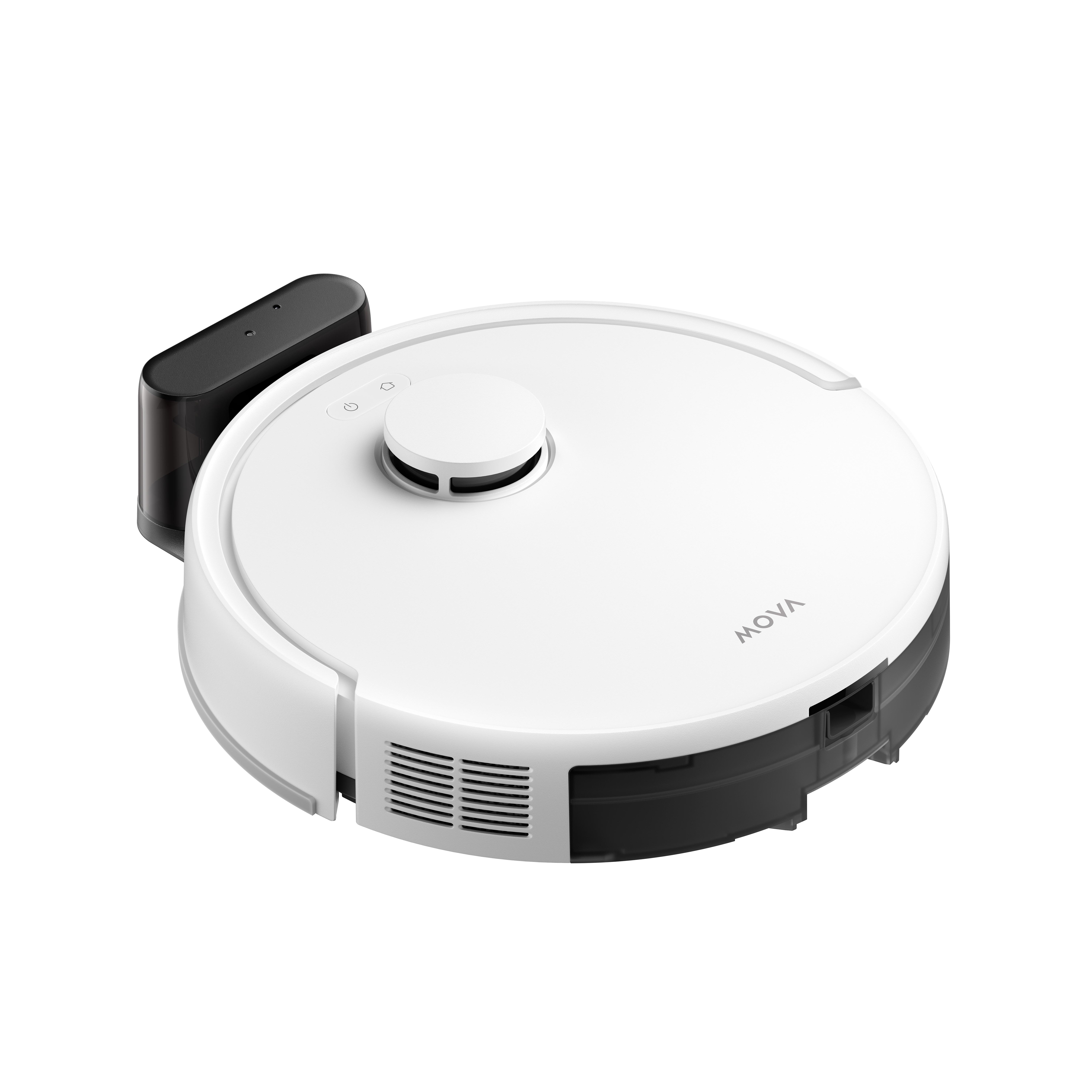 Weißer Roboter-Staubsauger mit schwarzen Details und Ladestation.