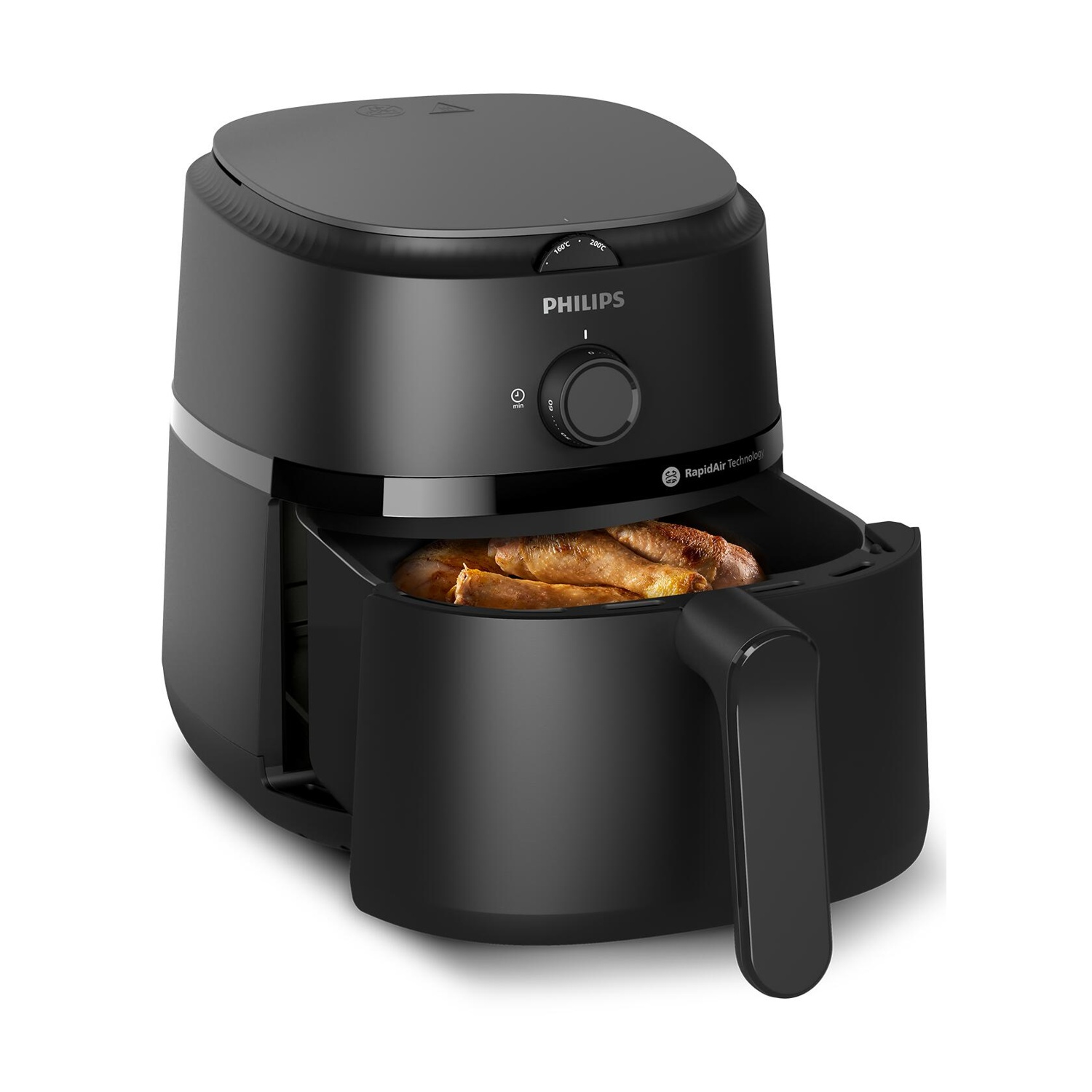 Friggitrice ad aria Philips nera, cestello aperto, con cibo cotto all'interno.
