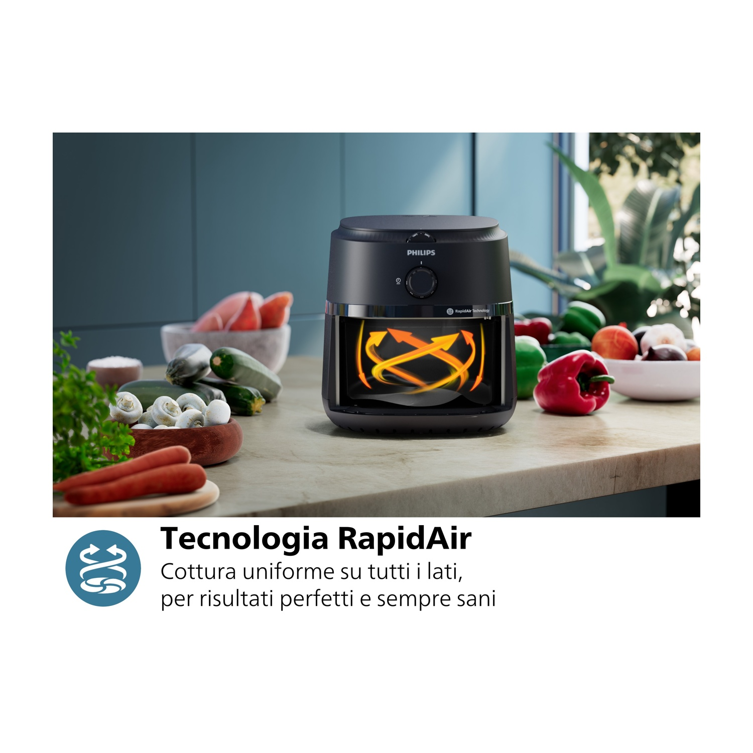 Philips Airfryer nero con cibo all'interno. Le frecce mostrano il funzionamento.