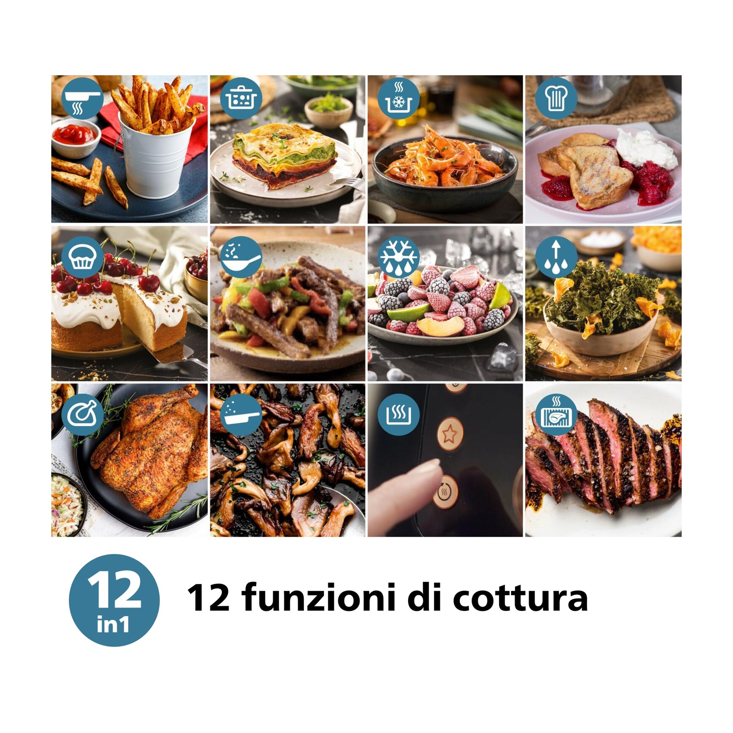 Immagine che mostra 12 funzioni di cottura con icone di vari piatti e testo "12 in 1" e "12 funzioni di cottura".