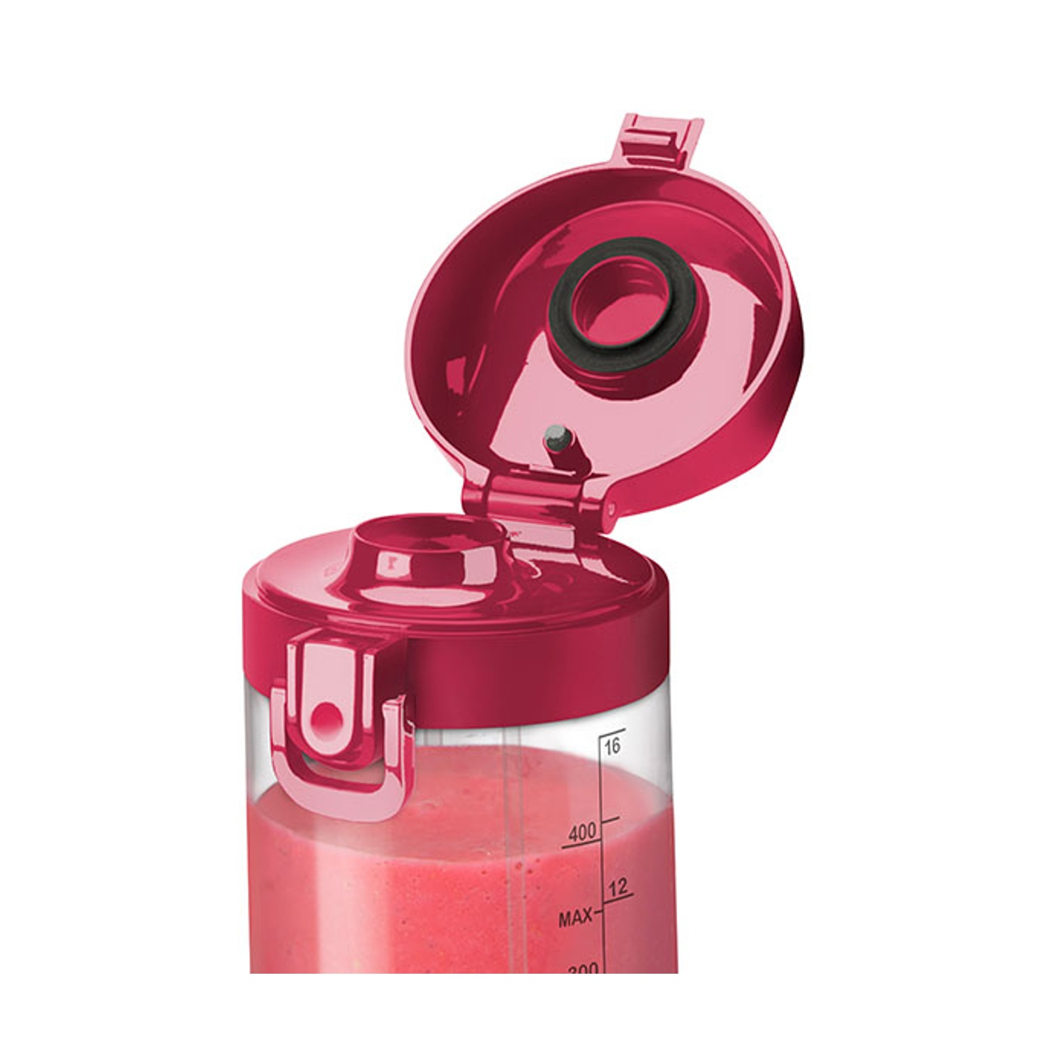 Bottiglia frullatore rossa con liquido rosa e coperchio aperto.