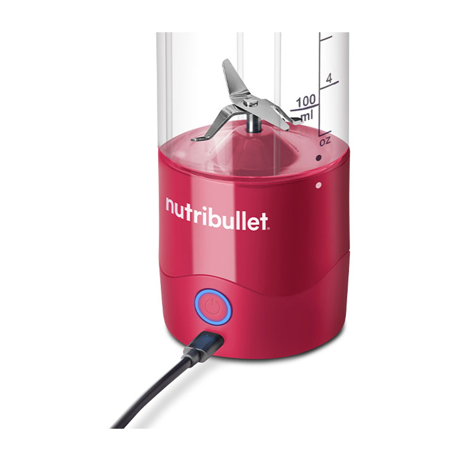 Un frullatore Nutribullet rosso con un cavo nero, su sfondo bianco.