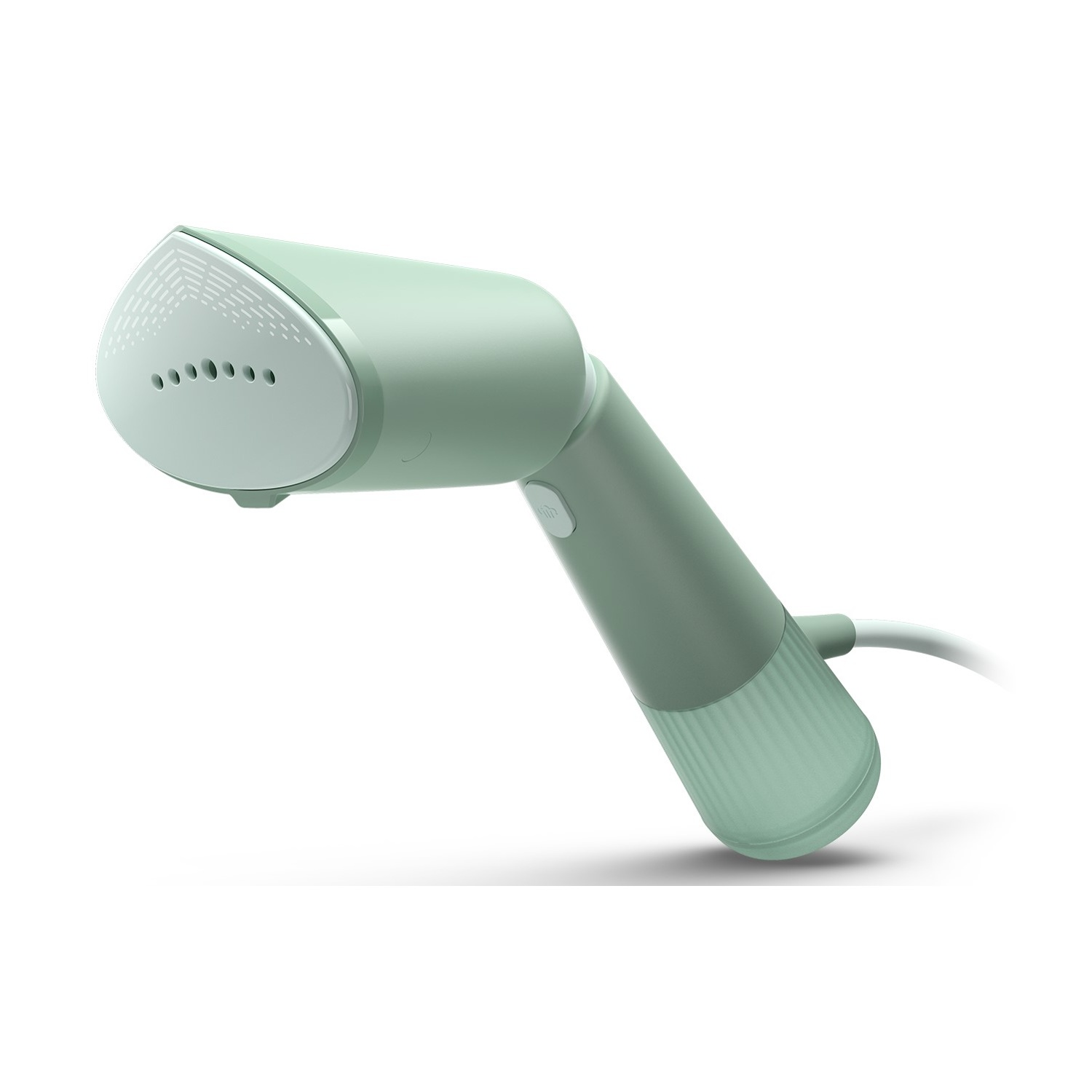 Un vaporizzatore portatile verde con manico e cavo bianco.