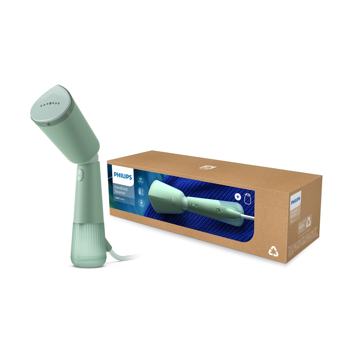 Un vaporizzatore portatile Philips verde e la sua scatola. La scatola mostra il vaporizzatore in uso.