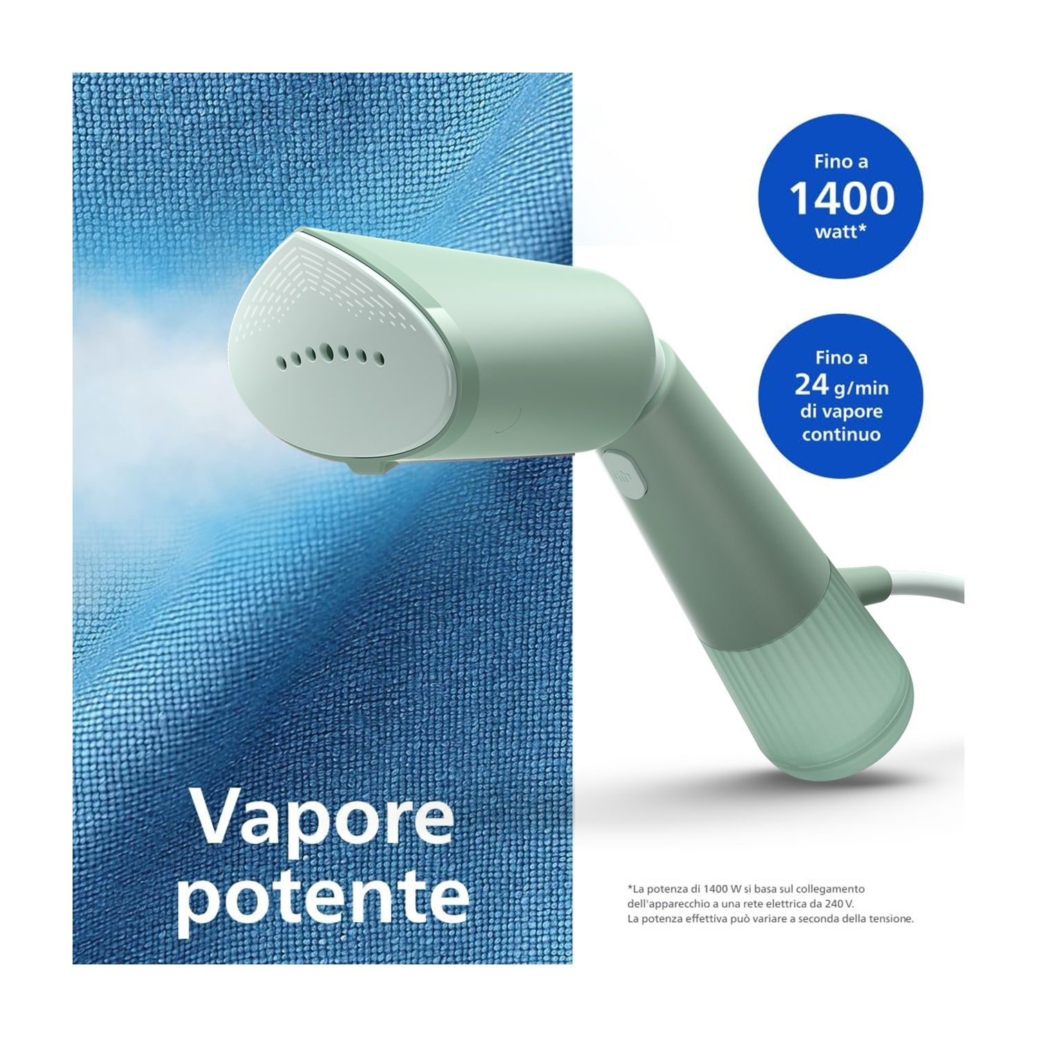 Vaporizzatore portatile verde e bianco con testo su potenza vapore e watt.