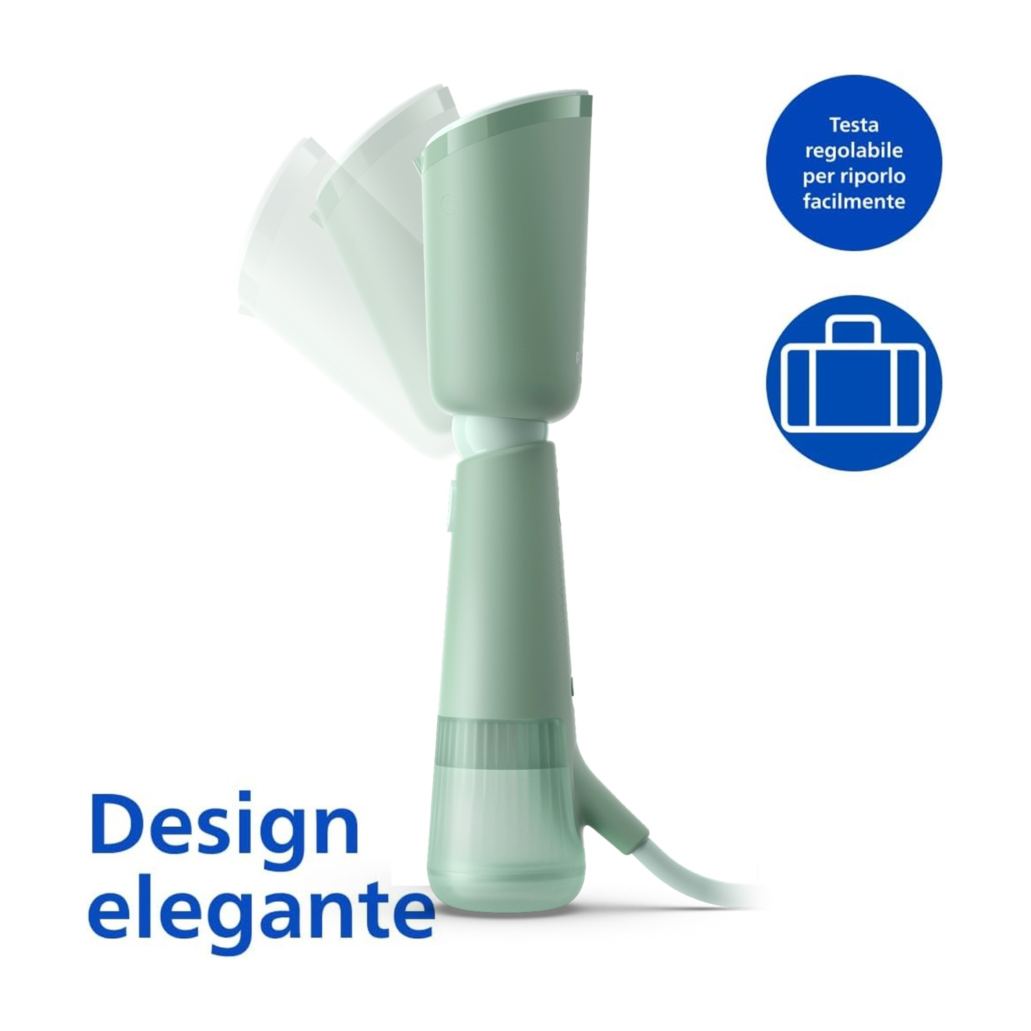Uno steamer per indumenti verde e bianco su sfondo bianco, con testo sottostante. Lo steamer è parzialmente in movimento.