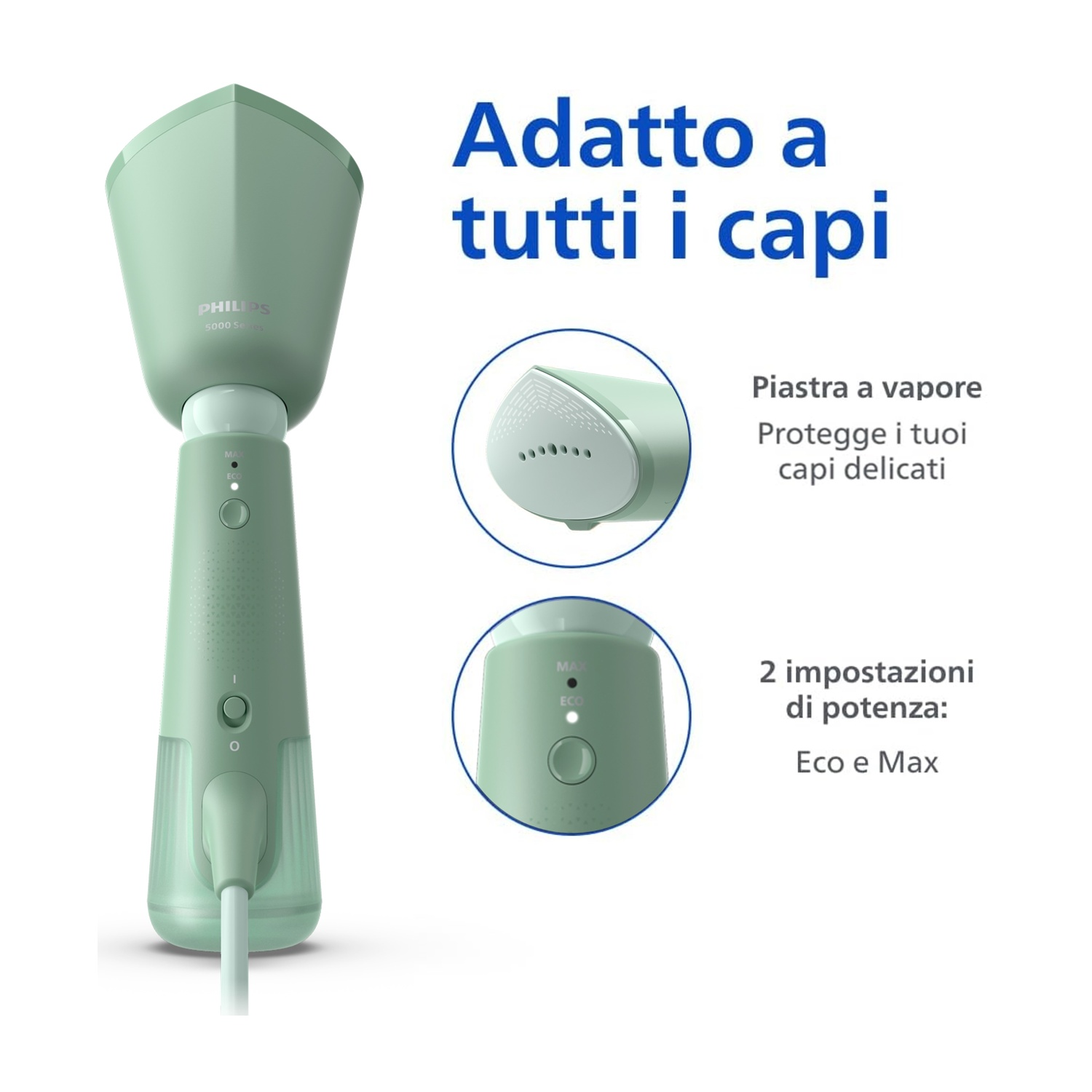 Un vaporizzatore per indumenti Philips verde menta con dettagli della testa a vapore e impostazioni.