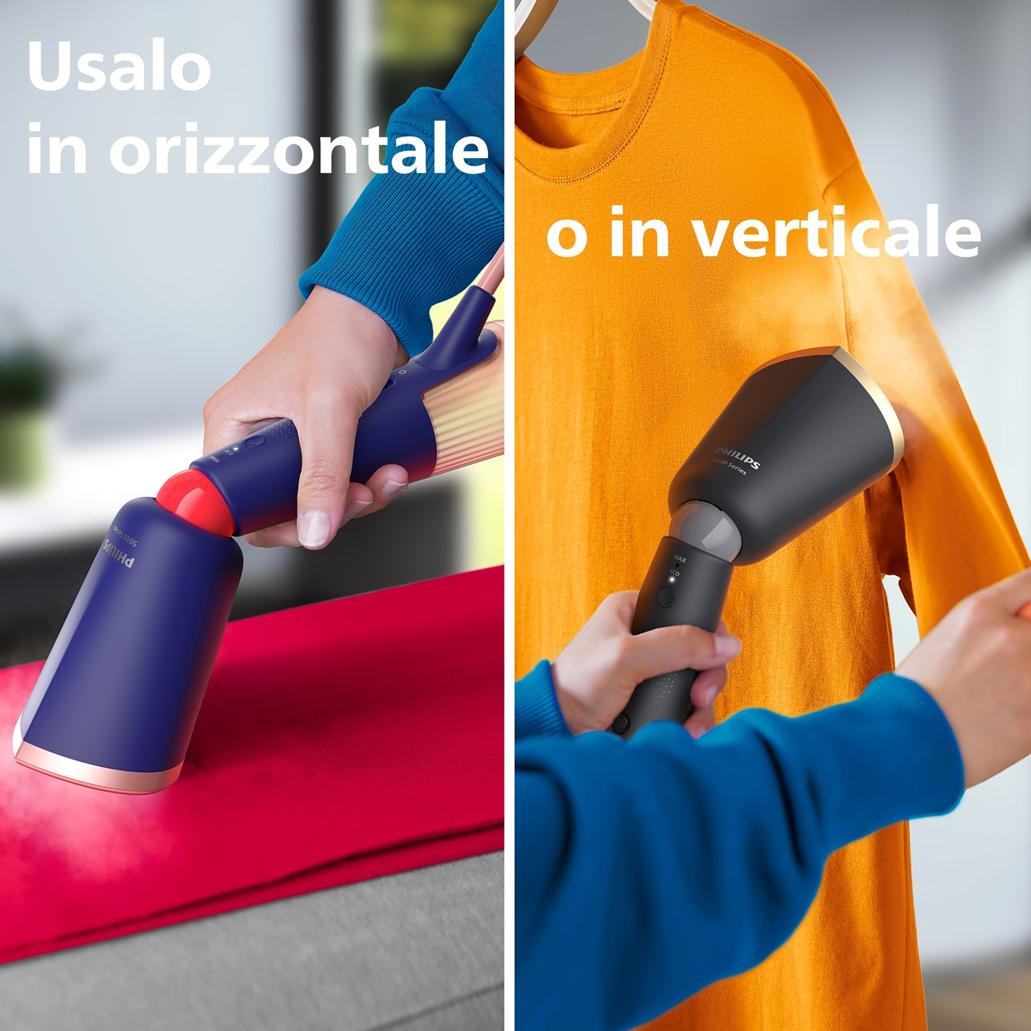 Due mani che stirano con un vaporizzatore per vestiti. Il testo dice 'Usare orizzontalmente o verticalmente'.