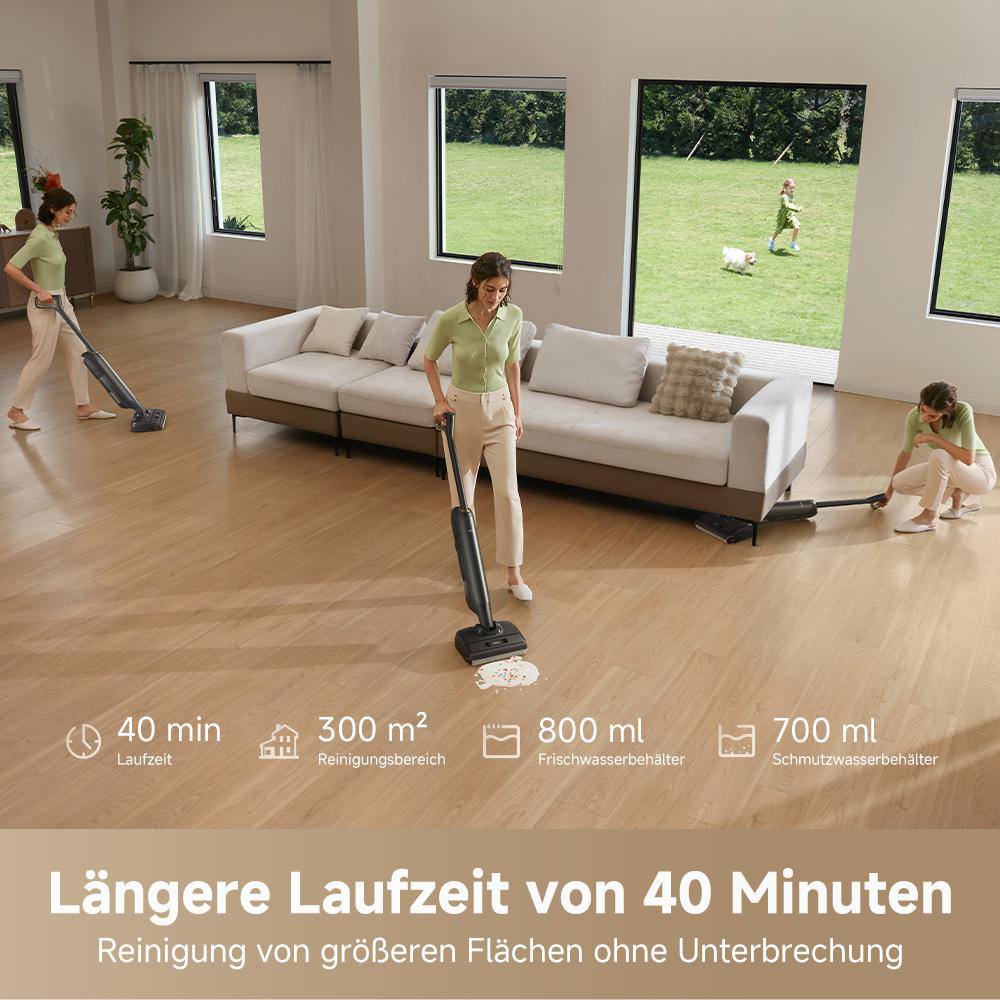 Drei Personen reinigen einen Boden mit Bodenreinigern, mit Text zur Akkulaufzeit.