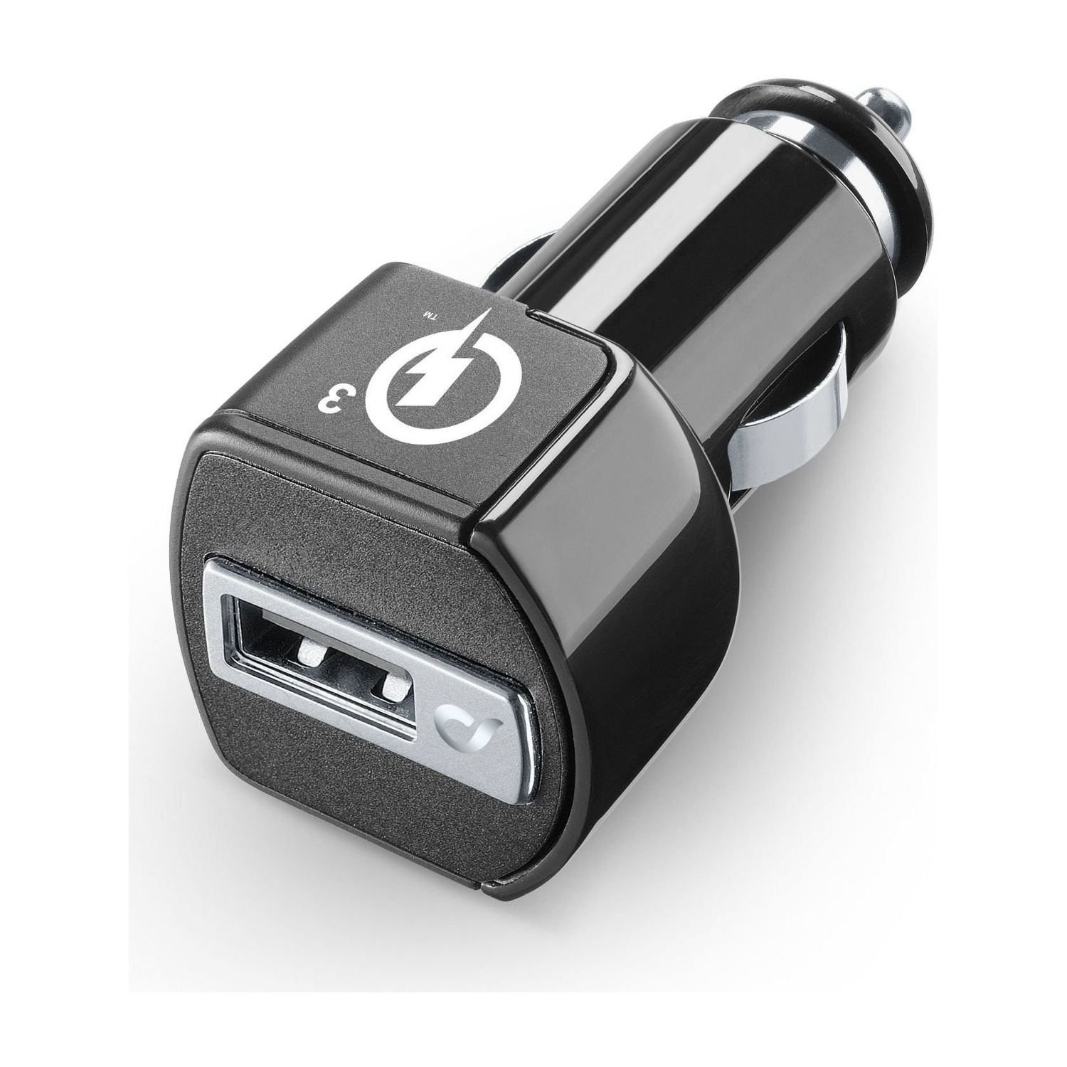 Caricabatterie per auto nero con porta USB e simbolo del fulmine, sfondo bianco.