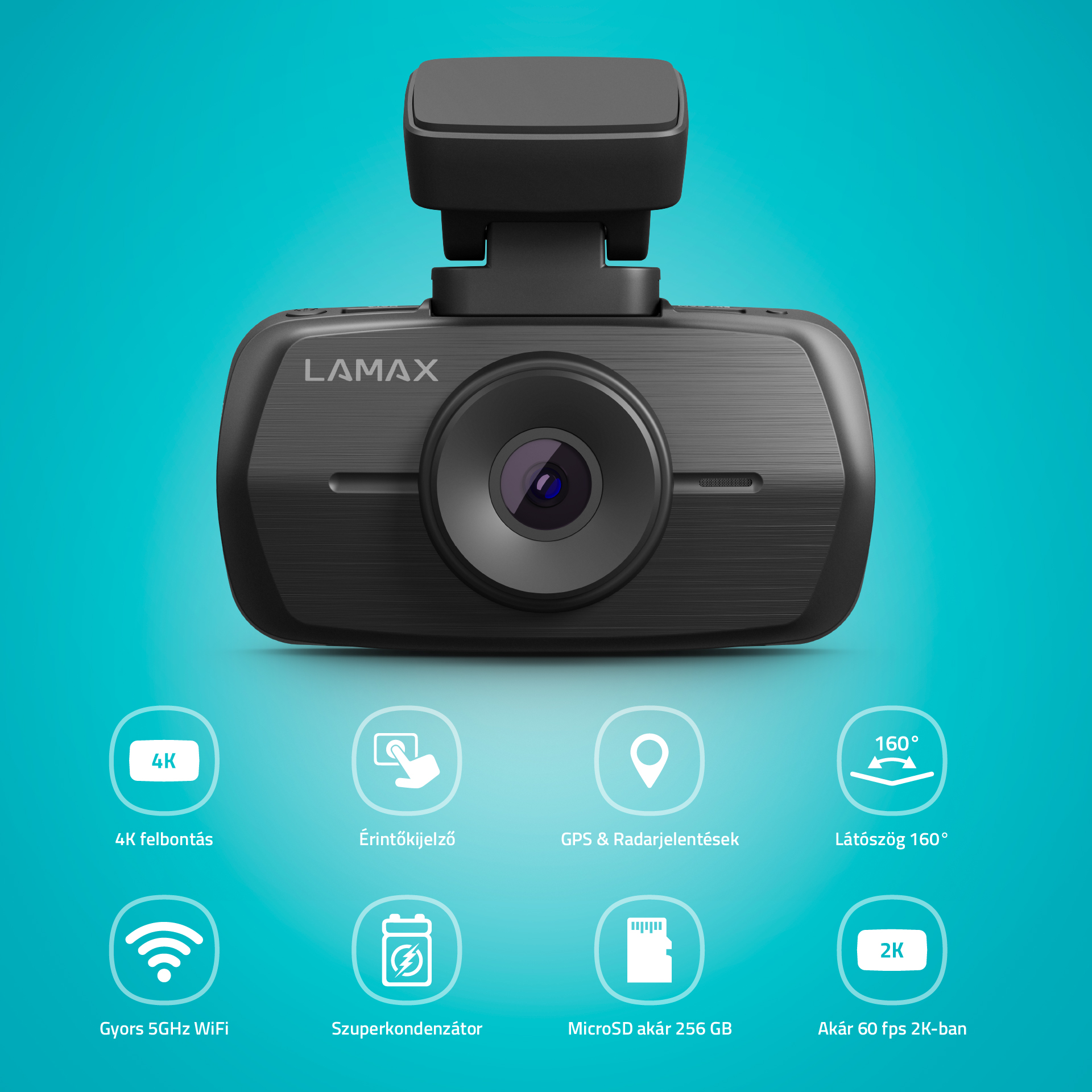 Autós kamera ikonokkal: 4K, érintőképernyő, GPS, 160 fok, 5GHz WiFi, szuperkondenzátor, microSD, 2K 60fps.