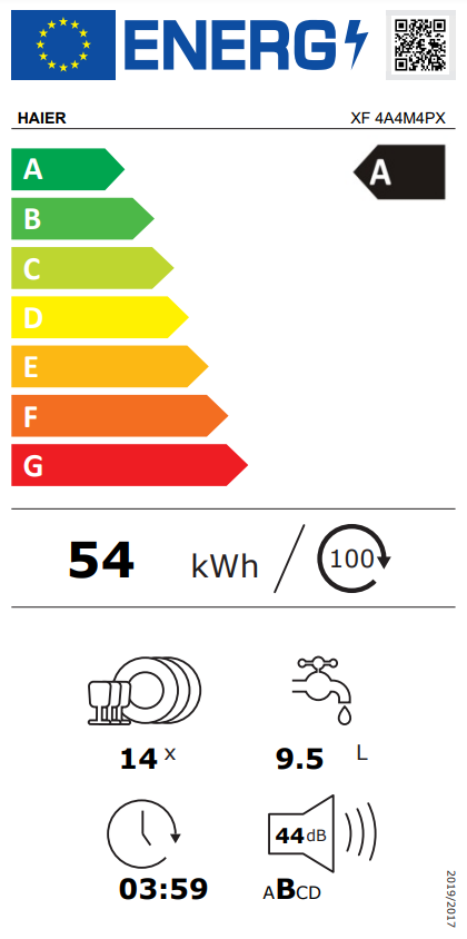 Mosogatógép energia címkéje, A energiaosztályt és fogyasztási adatokat mutat.
