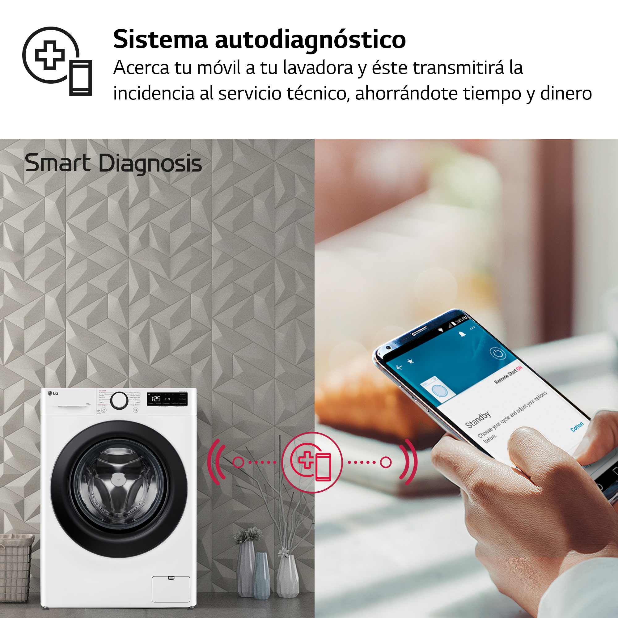 Pantalla de diagnóstico inteligente con lavadora y teléfono. Texto y gráficos indican funcionalidad.