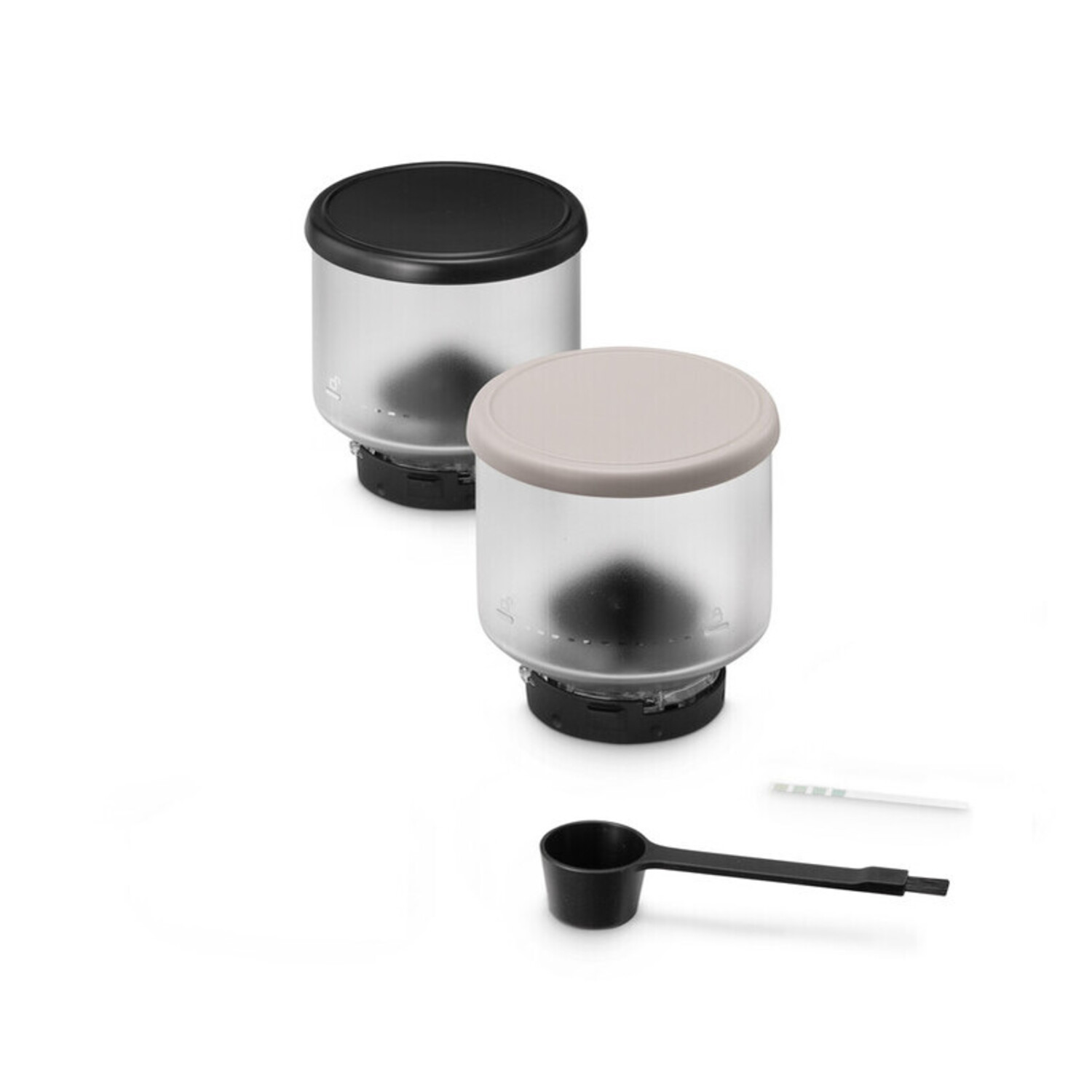 Two clear containers with lids and a small measuring scoop.