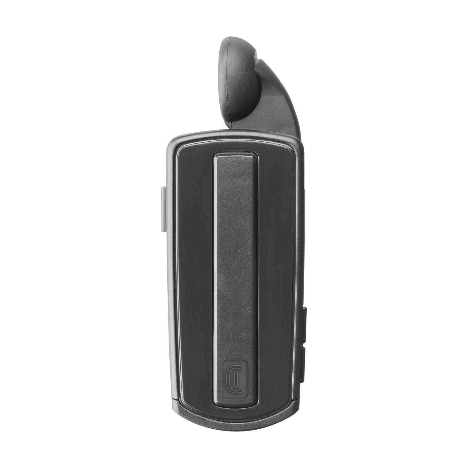 Primo piano di un auricolare Bluetooth nero su sfondo bianco.