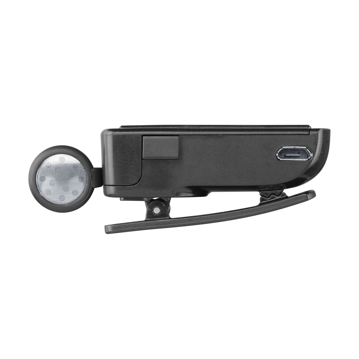Luce nera a clip con luce circolare e clip nera. Sfondo bianco.