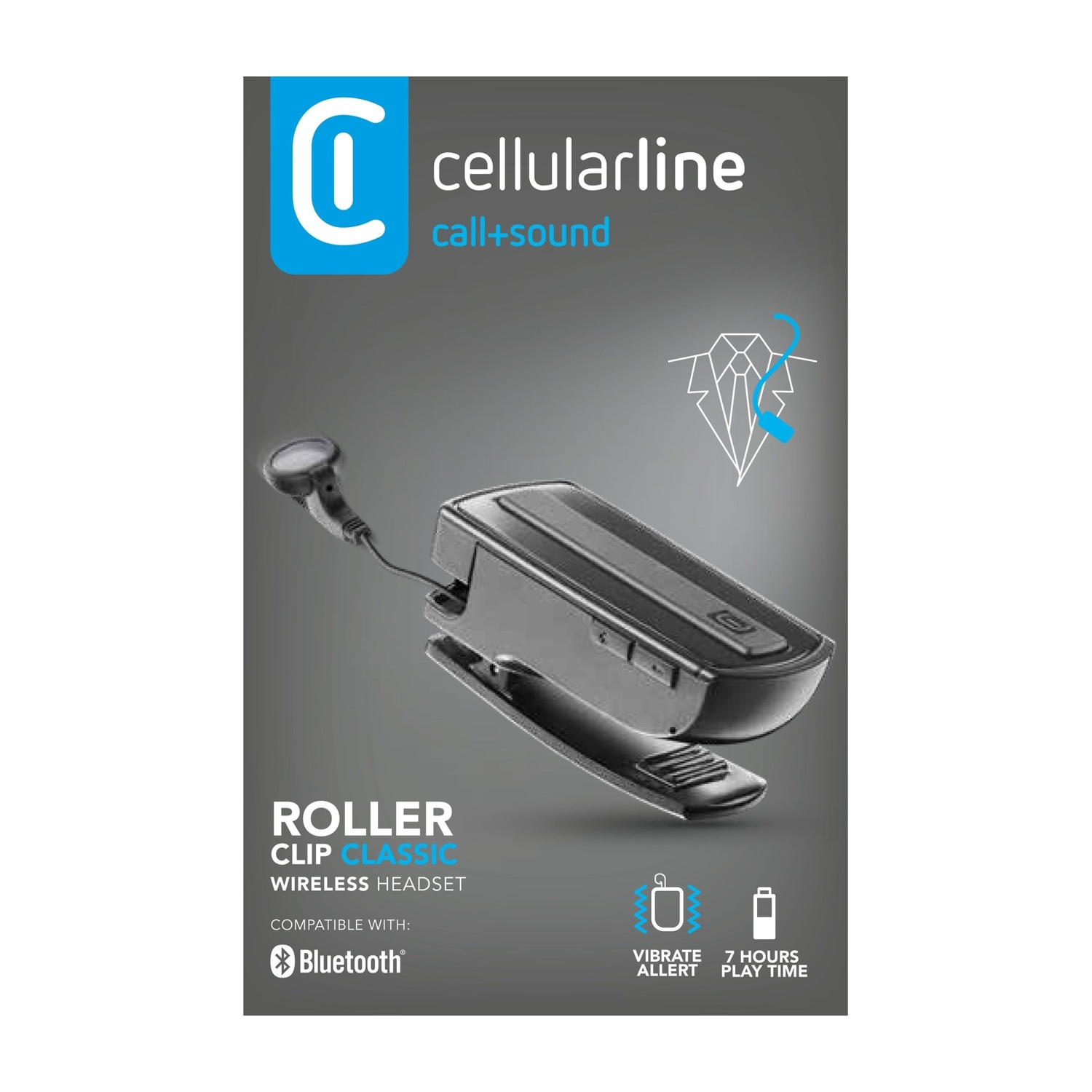 Un auricolare Cellularline Roller Clip Classic nero nella sua confezione. Bluetooth e altri dettagli sono mostrati.