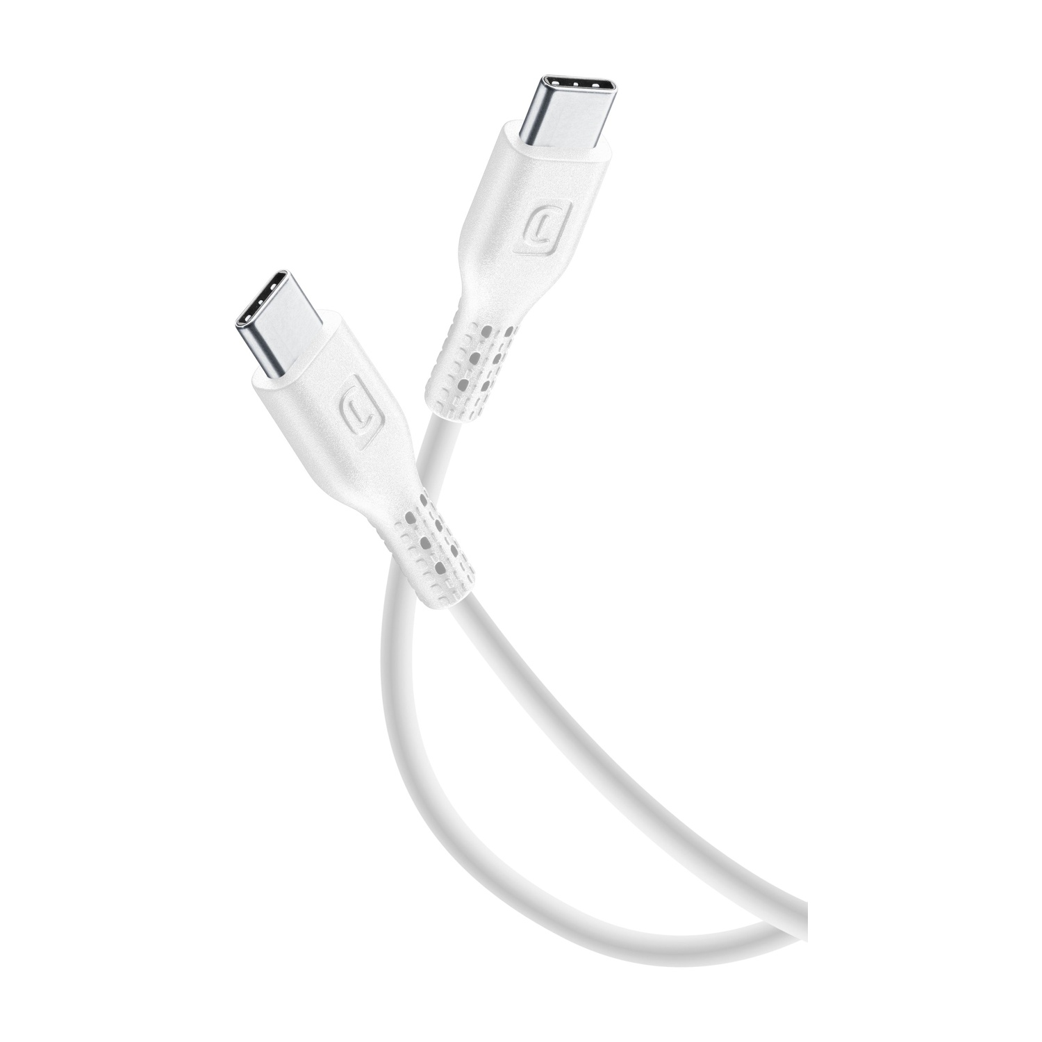 Cavi USB-C bianchi con i connettori rivolti verso l'alto, su sfondo bianco.