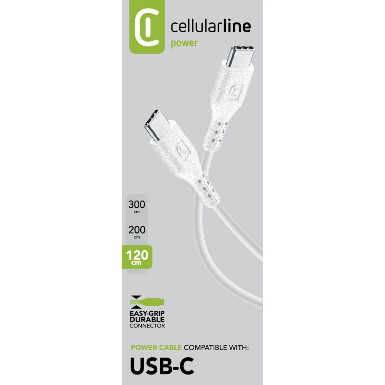 Cavo USB-C bianco con due connettori. Il testo mostra le lunghezze dei cavi e 'USB-C' in basso.
