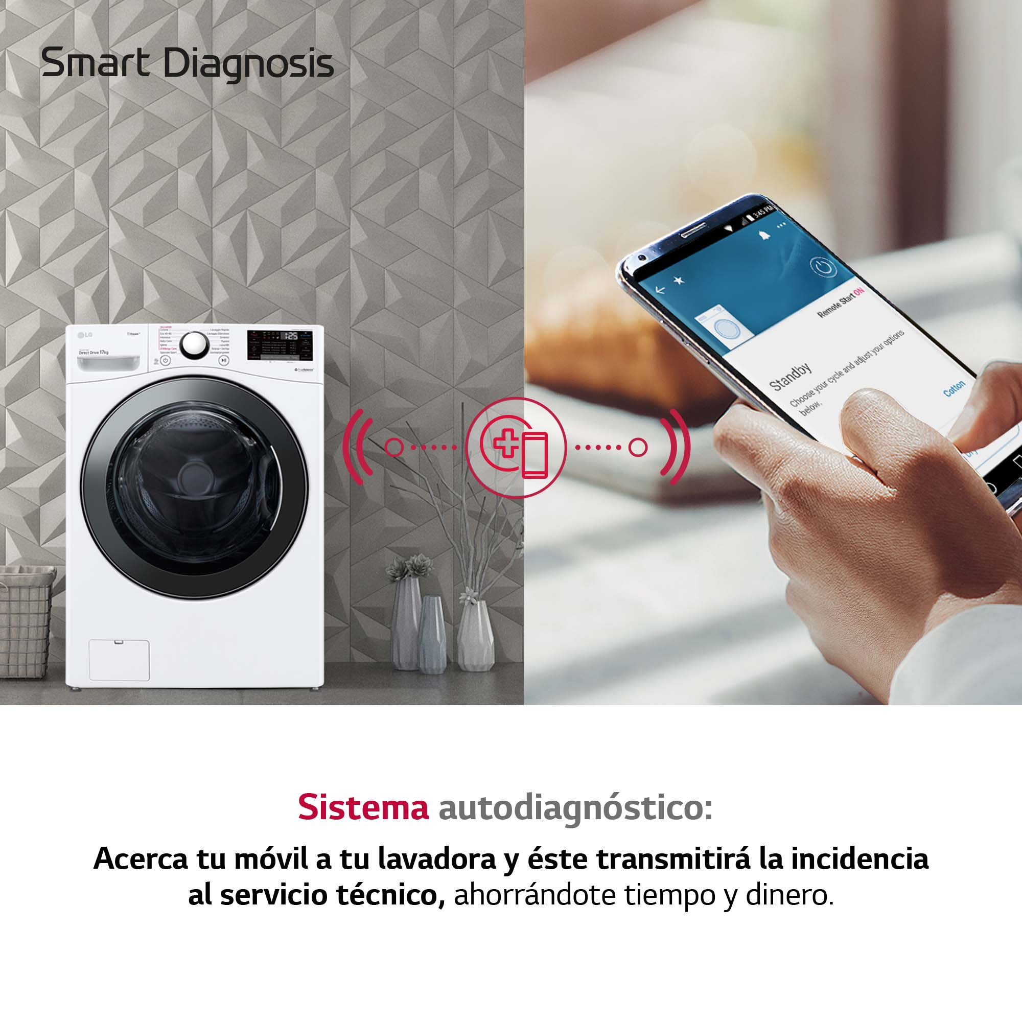 Una lavadora y un teléfono mostrando una app con el texto Smart Diagnosis.